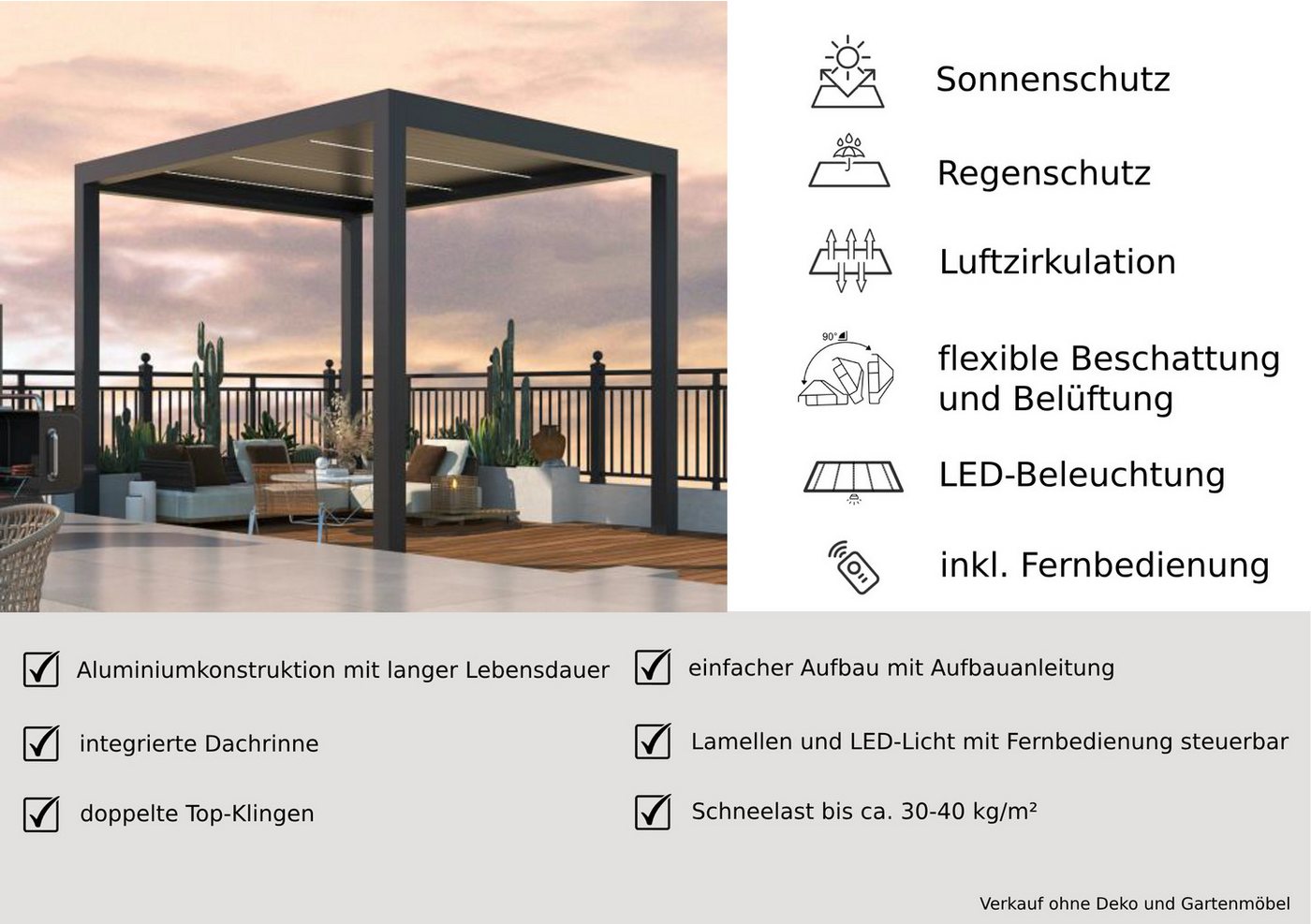 Thumbnail - Teico Pergola inkl. LED Licht elektrisches Dach 3x3x2,7m Gartenpergola, pulverbeschichtet, verstecktes Entwässerung, LED...