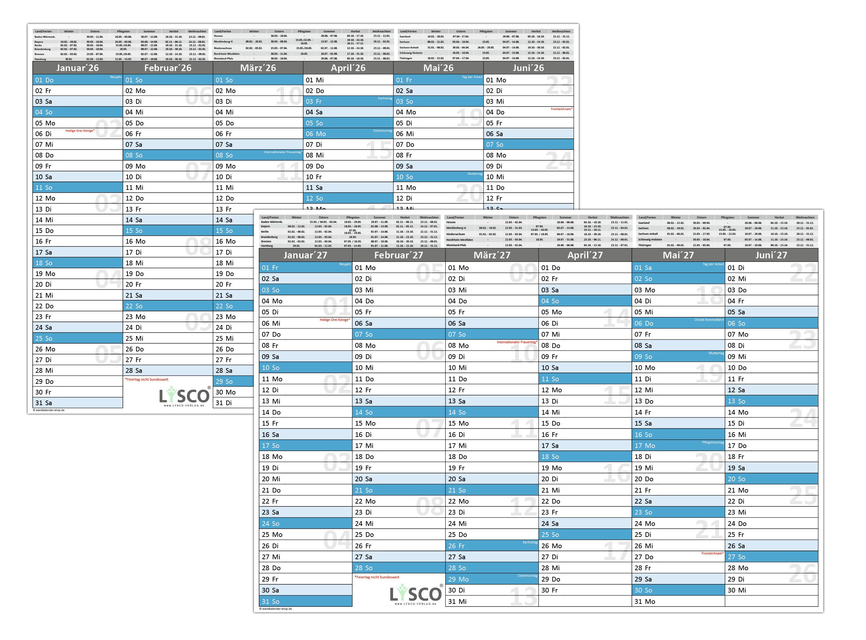 LYSCO Tischkalender Tafelkalender Set 2026 + 2027, DIN A3 / A4 / A5 300g Papier, Tafelkalender für das Jahr 2026 und 2027 auch einzeln, in verschiedenen Stückzahlen und Formaten zu bestellen., sehr gut beschreibbar
