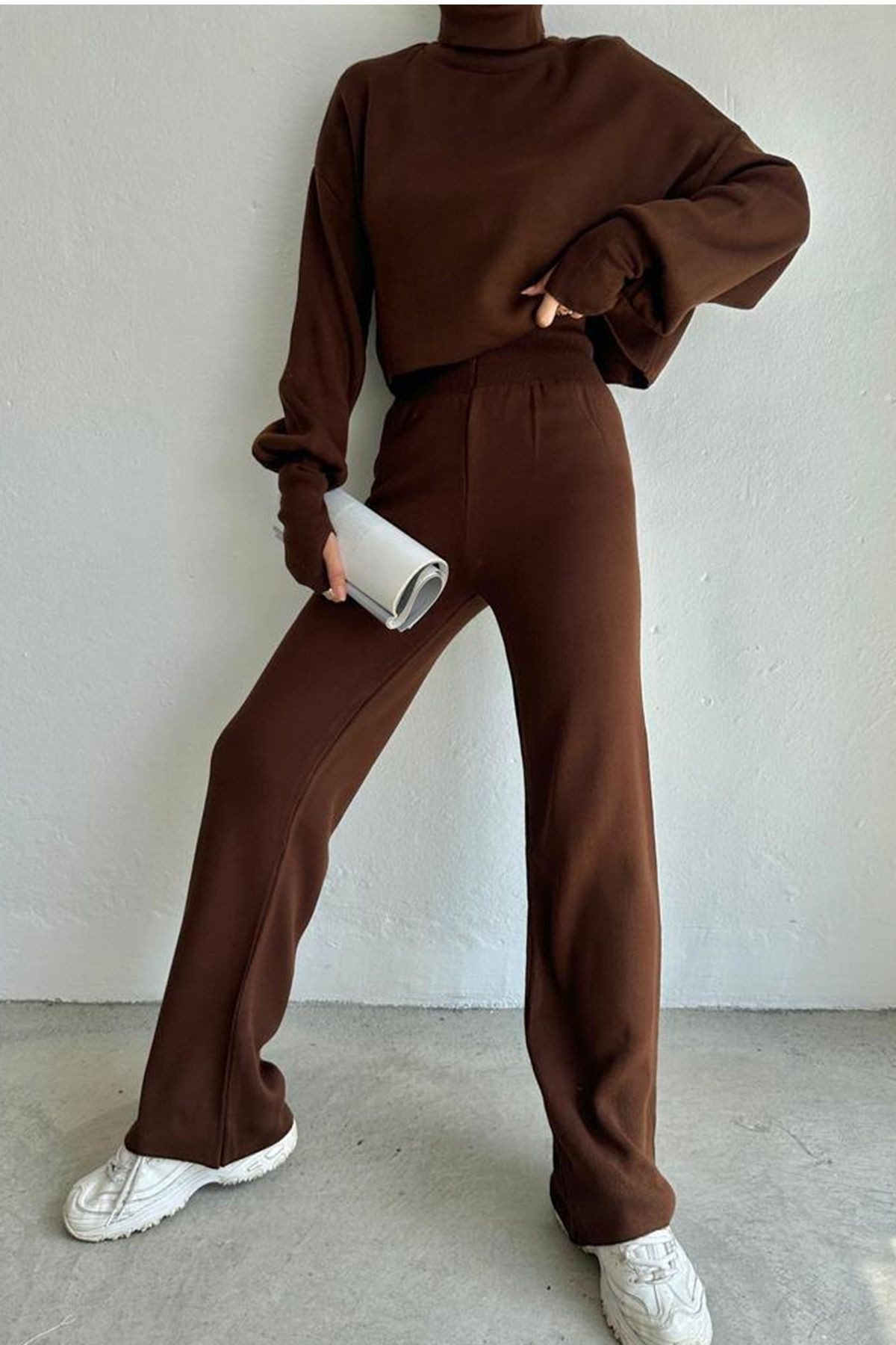 WOMAN VISION Blusentop Rollkragenpullover und hochgeschnittene Strickhose (Oberteil und Hose)