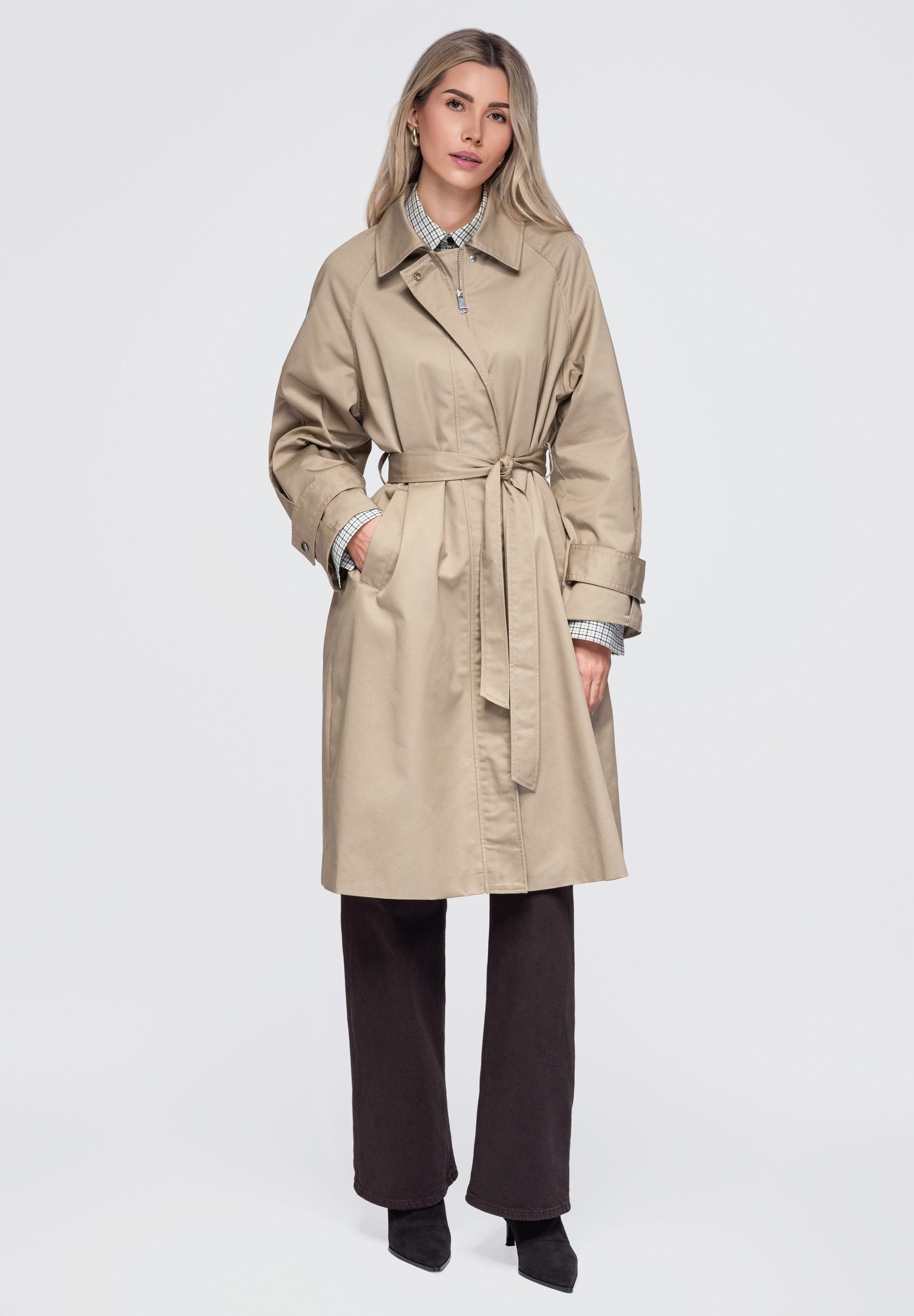 OMBRE Trenchcoat Damen Trenchcoat mit Gürtel und klassischem Kragen Beige L (kein Set, 1-tlg) in Unifarbe