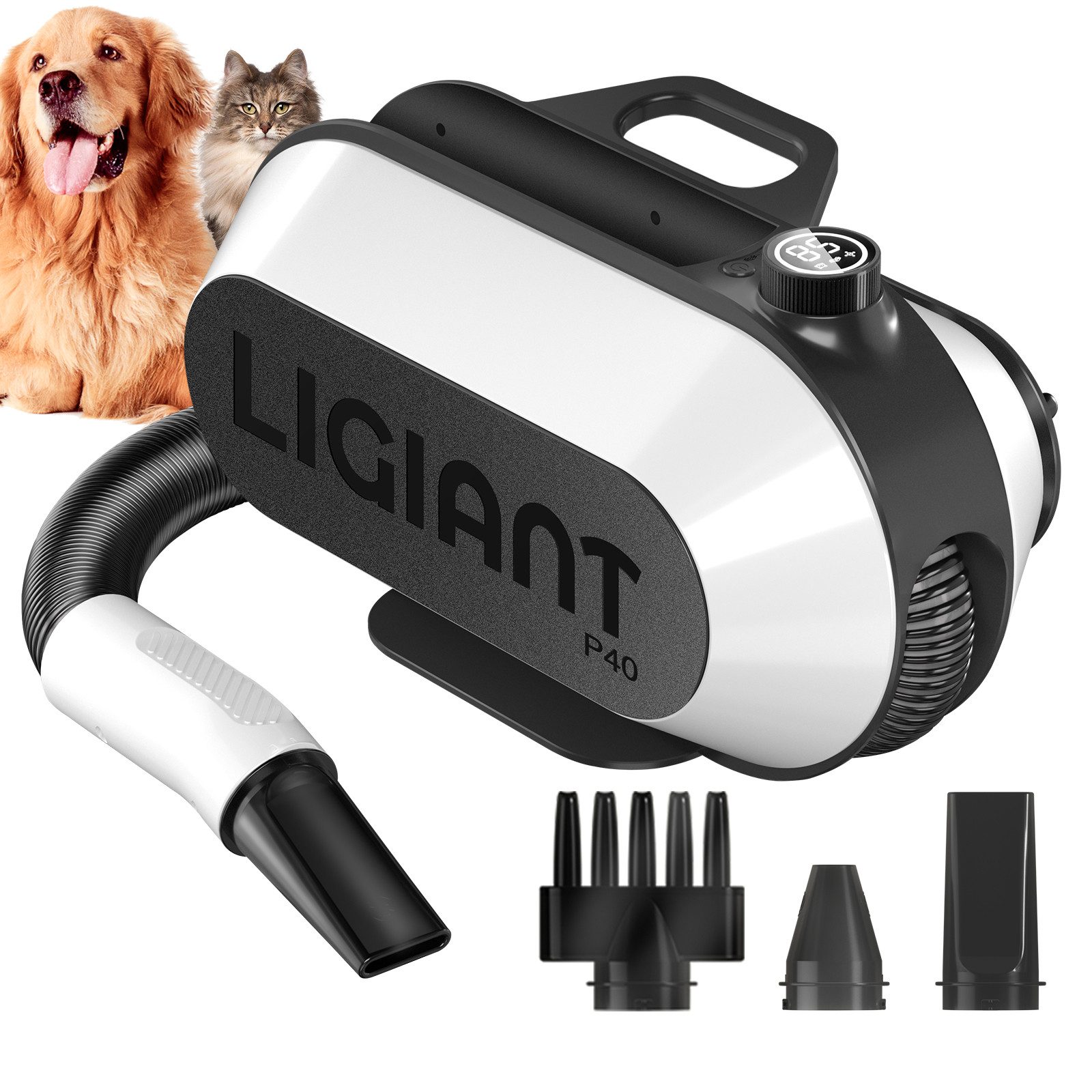 LIGIANT Hundeschermaschine Hundetrockner, Hundefön Blower, Ultra-Leise 3-in-1 Düsen, Negativ-Ionen-Technologie