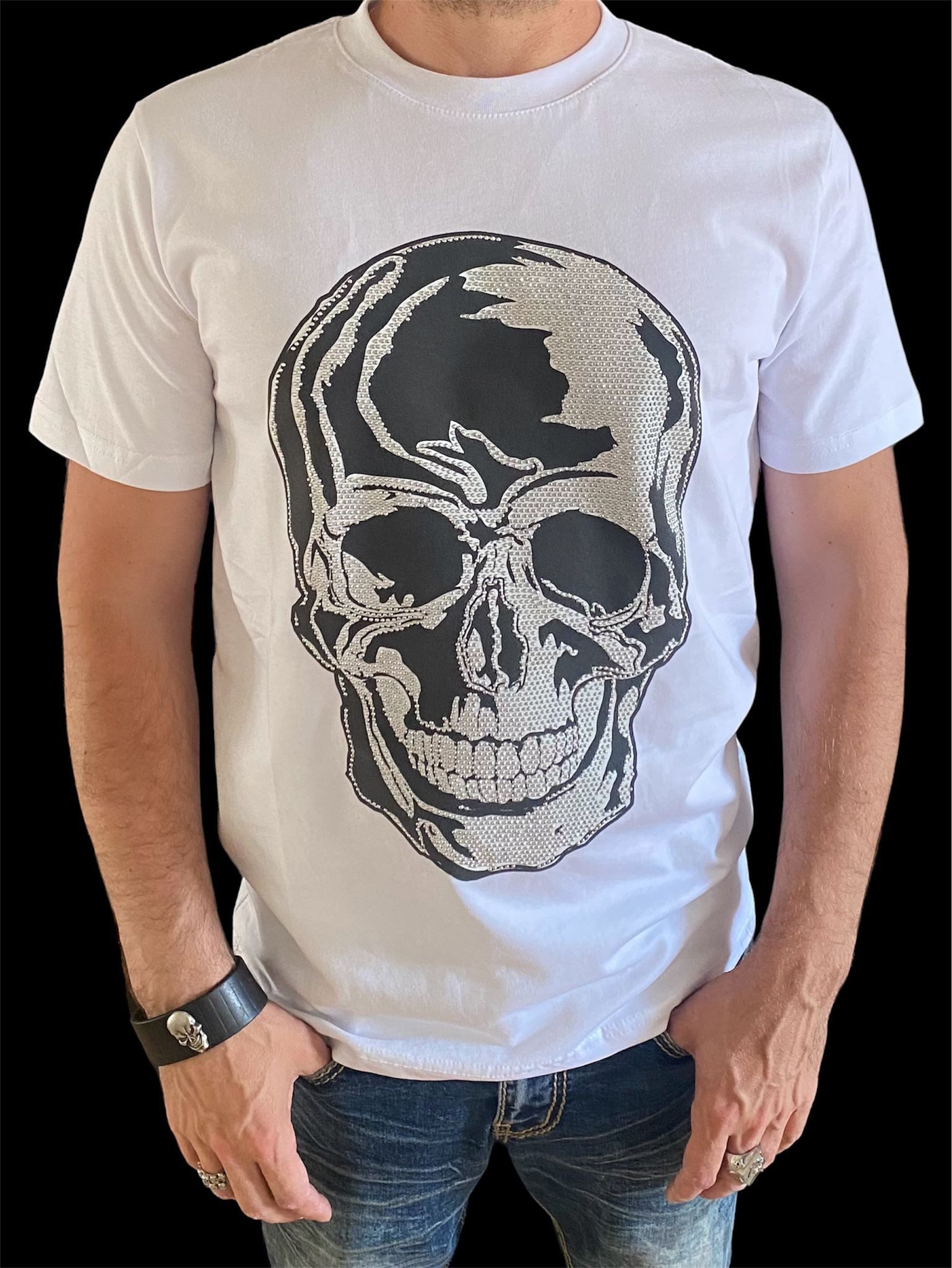 Aaron Bane Kurzarmshirt Shirt T-Shirt weiß Glitzer Skull Strass Steinchen T günstig online kaufen