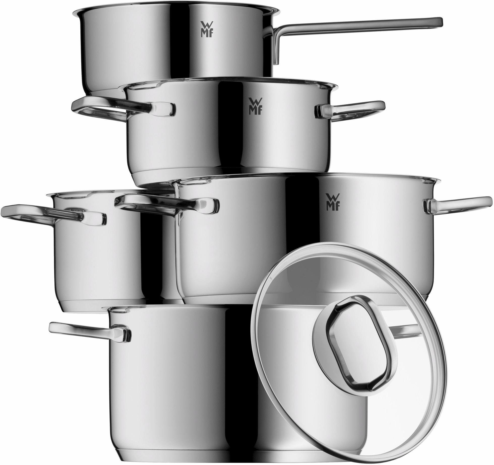 WMF Topf-Set Inspiration Induktion, Kochtopf Set mit Glasdeckel, Cromargan® Edelstahl Rostfrei 18/10 (Set, 9-tlg., Bratentopf Ø 20cm, 3x Fleischtopf Ø 16/20/24cm, Stielkasserolle Ø 16cm), für alle Herdarten geeignet, unbeschichtet