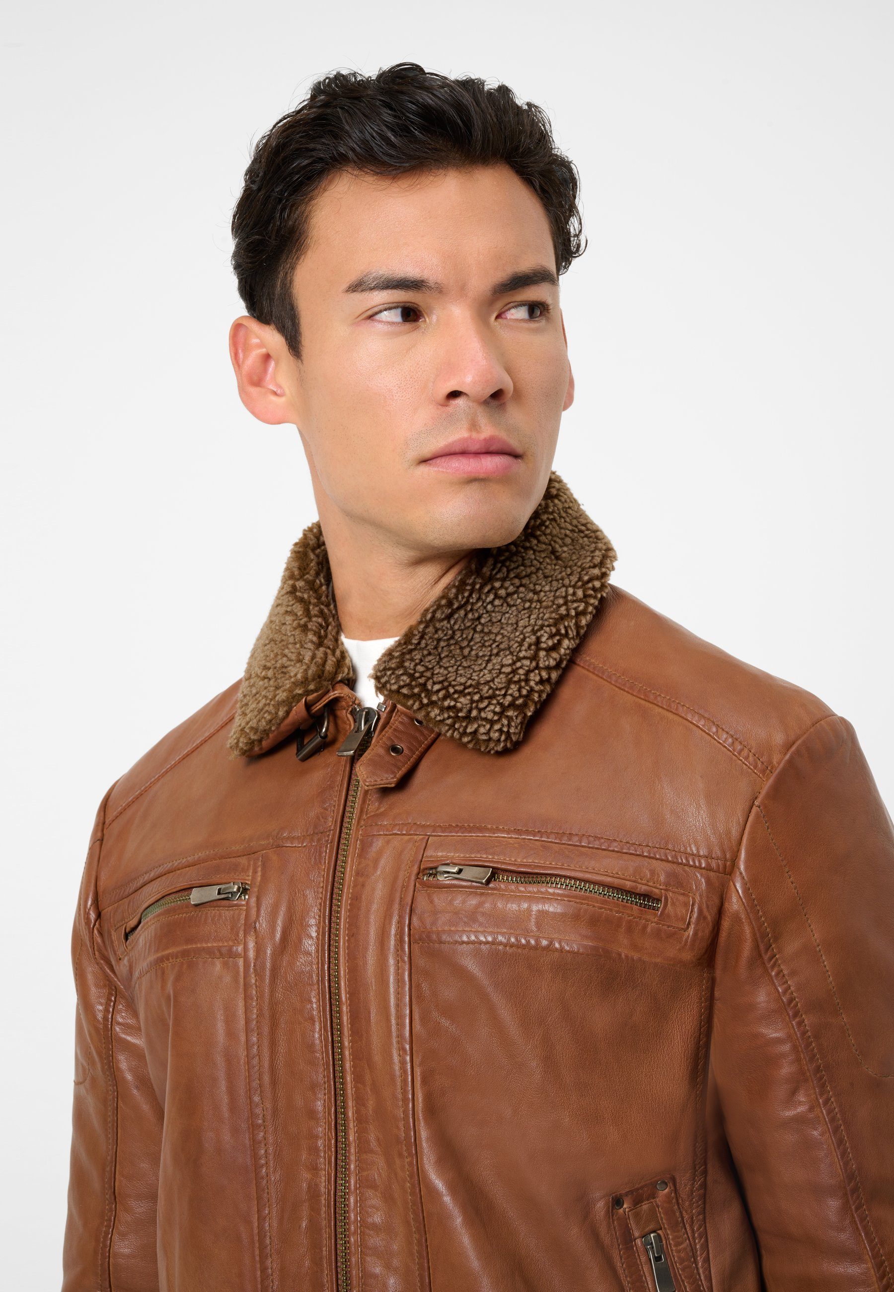 RICANO Lederjacke Dino Lederjacke mit Fellkragen und Brusttaschen