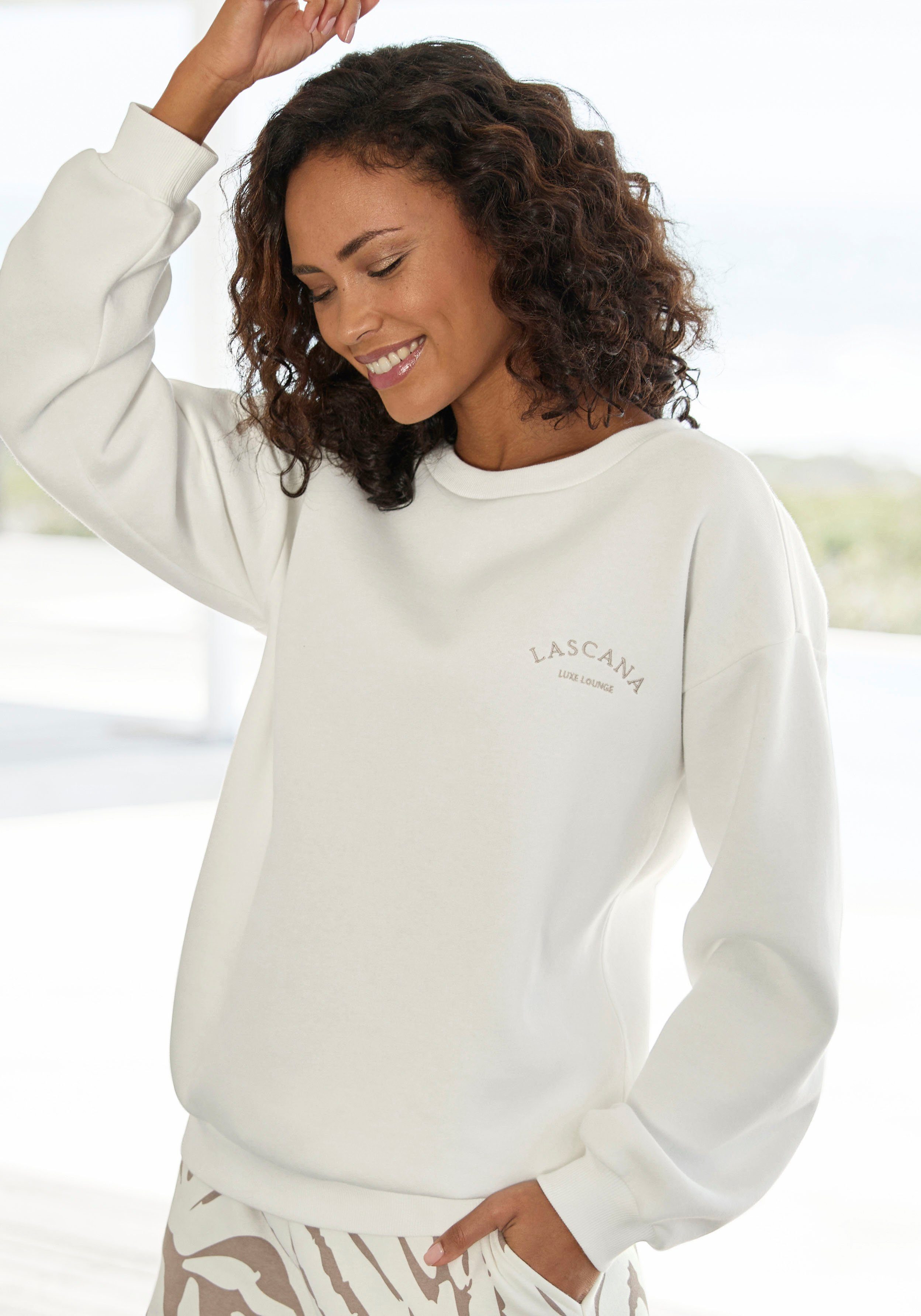 creme -Pullover LASCANA Sweatshirt weiten Ärmeln, Loungeanzug mit Loungewear,