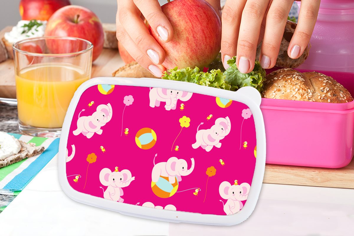 Mädchen, - (2-tlg), Kunststoff, - Blumen Muster, für Brotdose Brotbox rosa Elefant Snackbox, Kunststoff Erwachsene, MuchoWow Lunchbox Kinder,