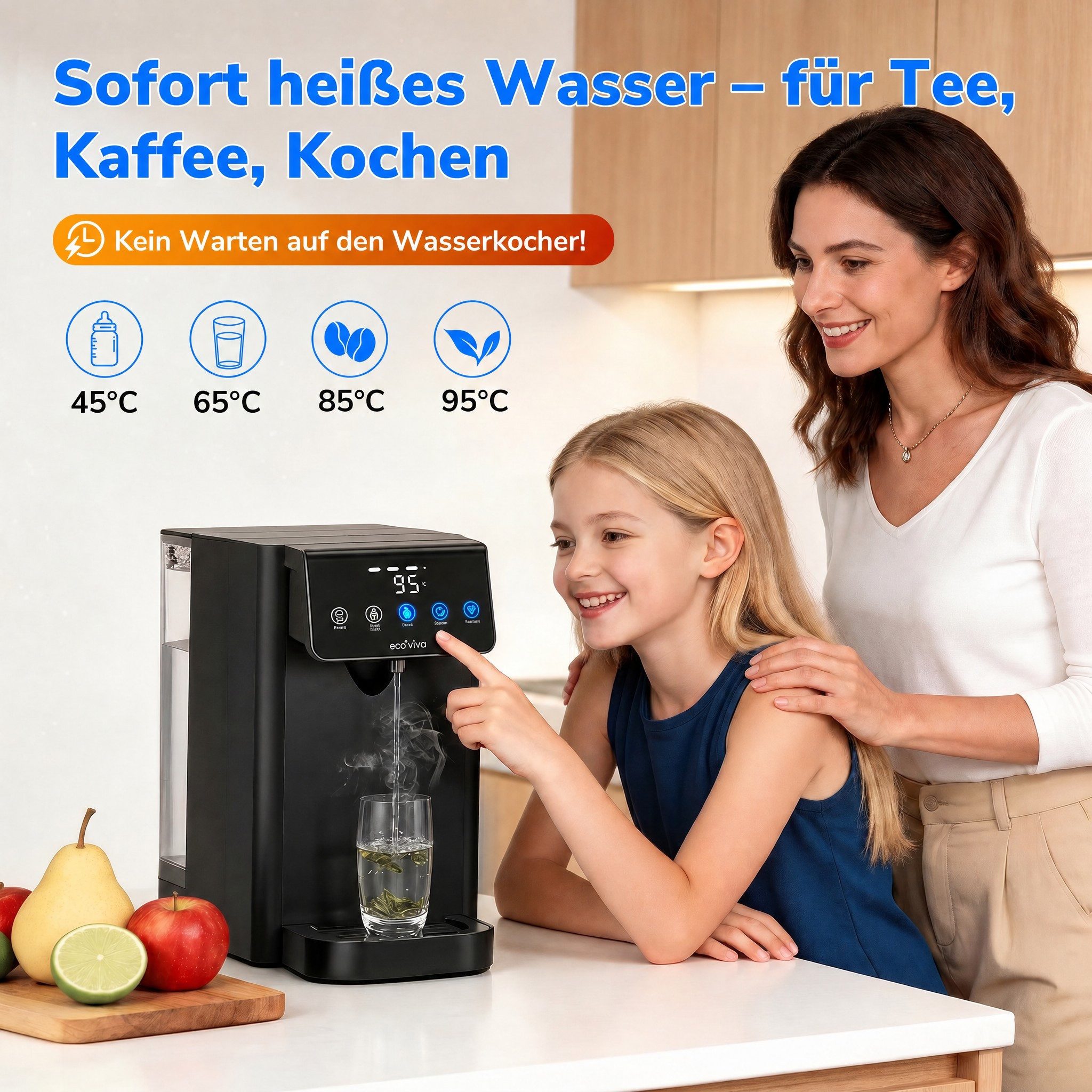 Ecoviva Wasserfilter MATE5 Auftisch Osmoseanlage Trinkwasser mit Heißwasserfunktion, 8-Stufen-Filter, 5 Temperaturen, inkl. 1.2L Glaskaraffe