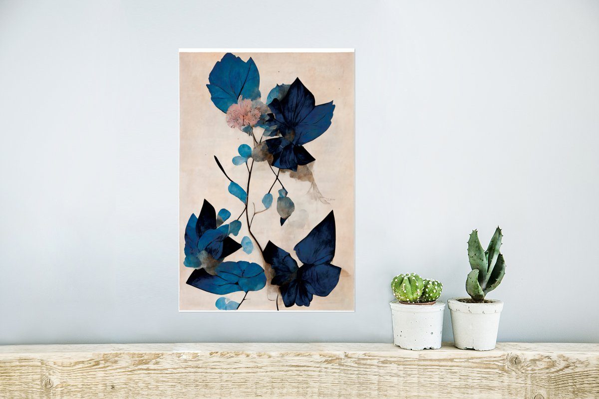 Wandposter Wandbild, - Blau - St), Pflanzen (1 Blumen, - MuchoWow Wohnzimmer, Poster Rahmen Ohne Blätter für Poster,