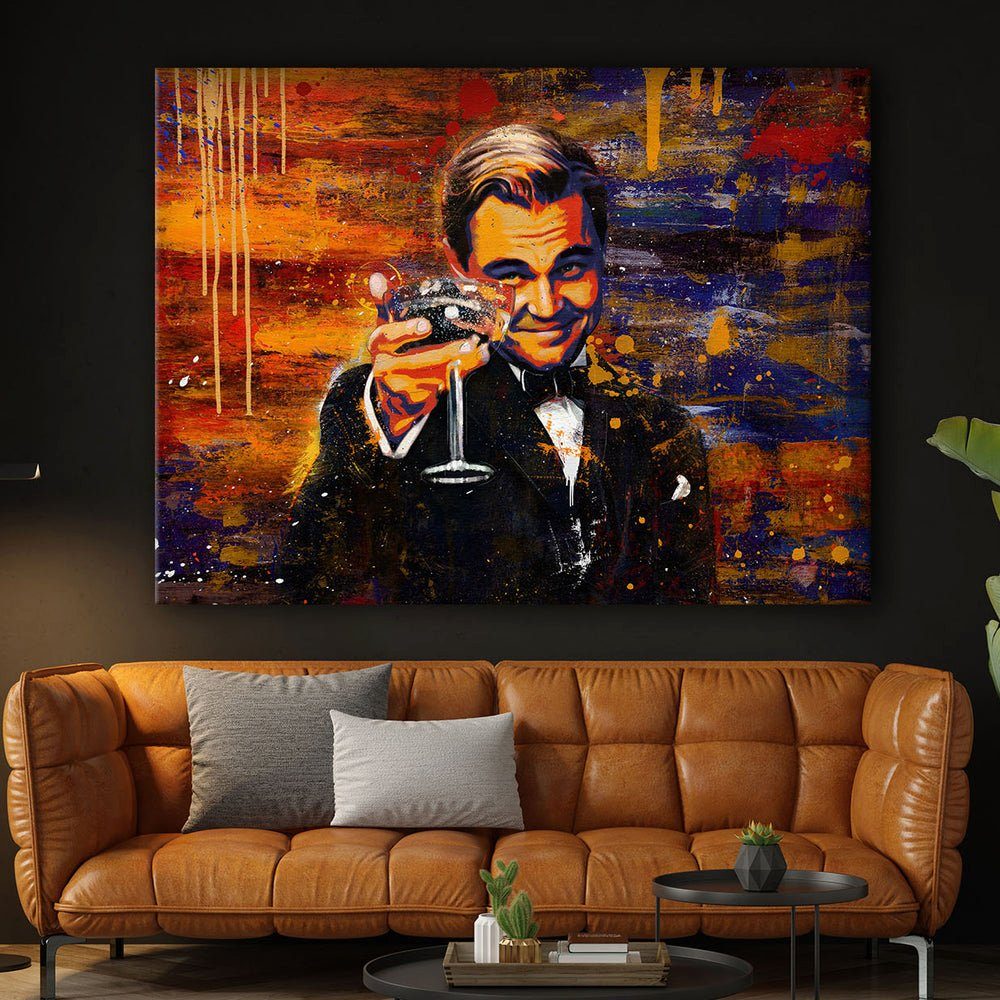 schwarzer Der Gatsby Leinwandbild Leinwandbild, DiCaprio premium Leonardo Rahmen große mit DOTCOMCANVAS® Rahmen