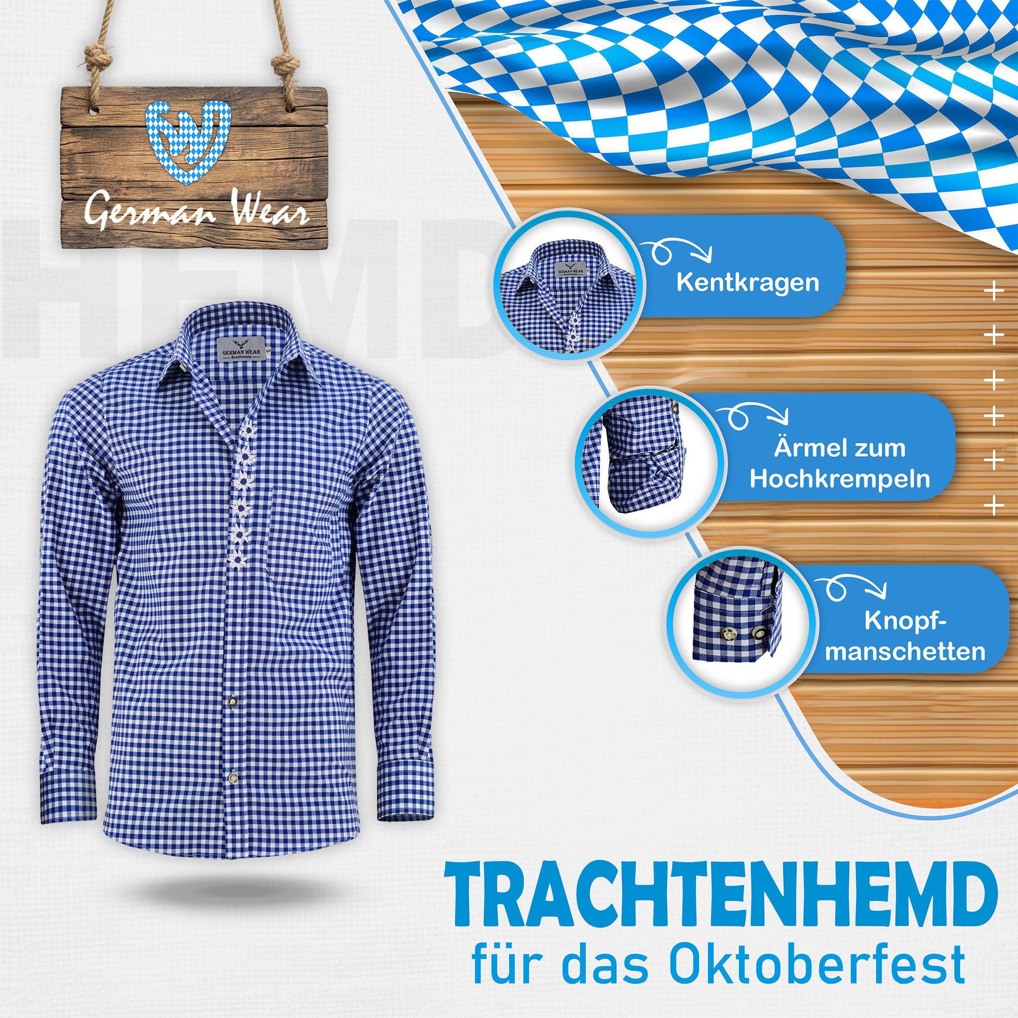 German Wear Trachtenhemd GW120x-EW Trachtenhemd für Trachtenlederhose mit Edelweiß-Stickerei karo
