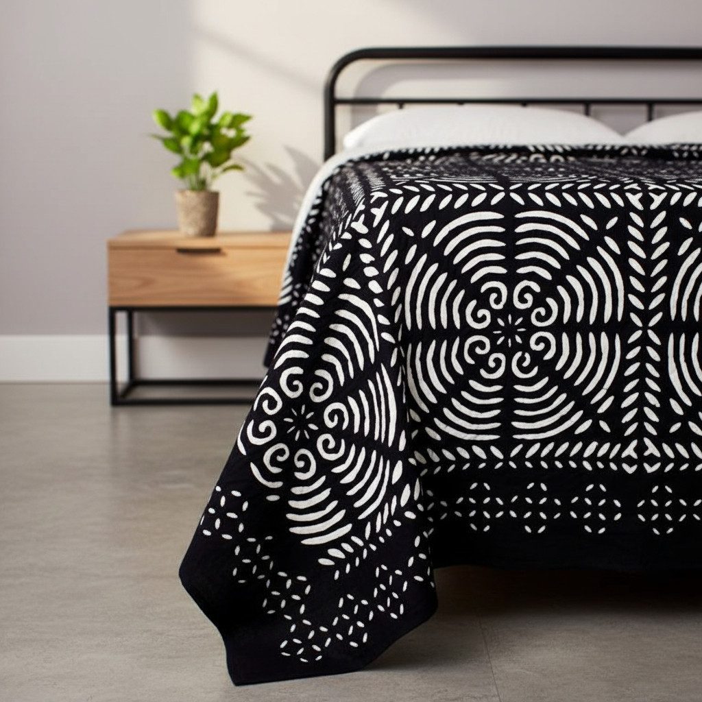 Indradanush Tagesdecke Tagesdecke Bettüberwurf schwarz weiß Cutwork, extra groß, doppellagig 170x270 cm