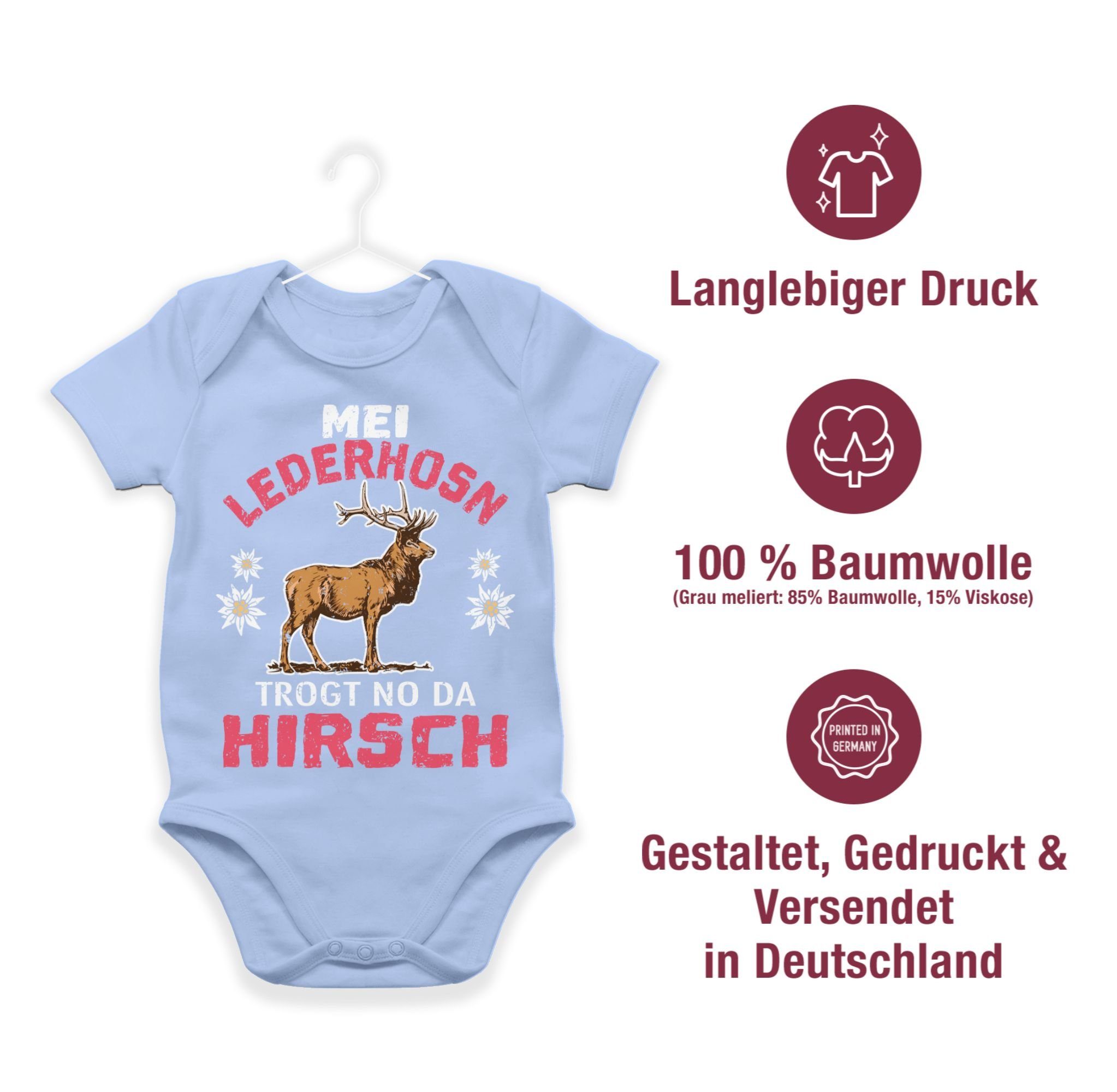 Mei Baby da für no Shirtracer 3 Lederhosn Shirtbody - Babyblau Oktoberfest Outfit trogt weiß/rot Hirsch Mode