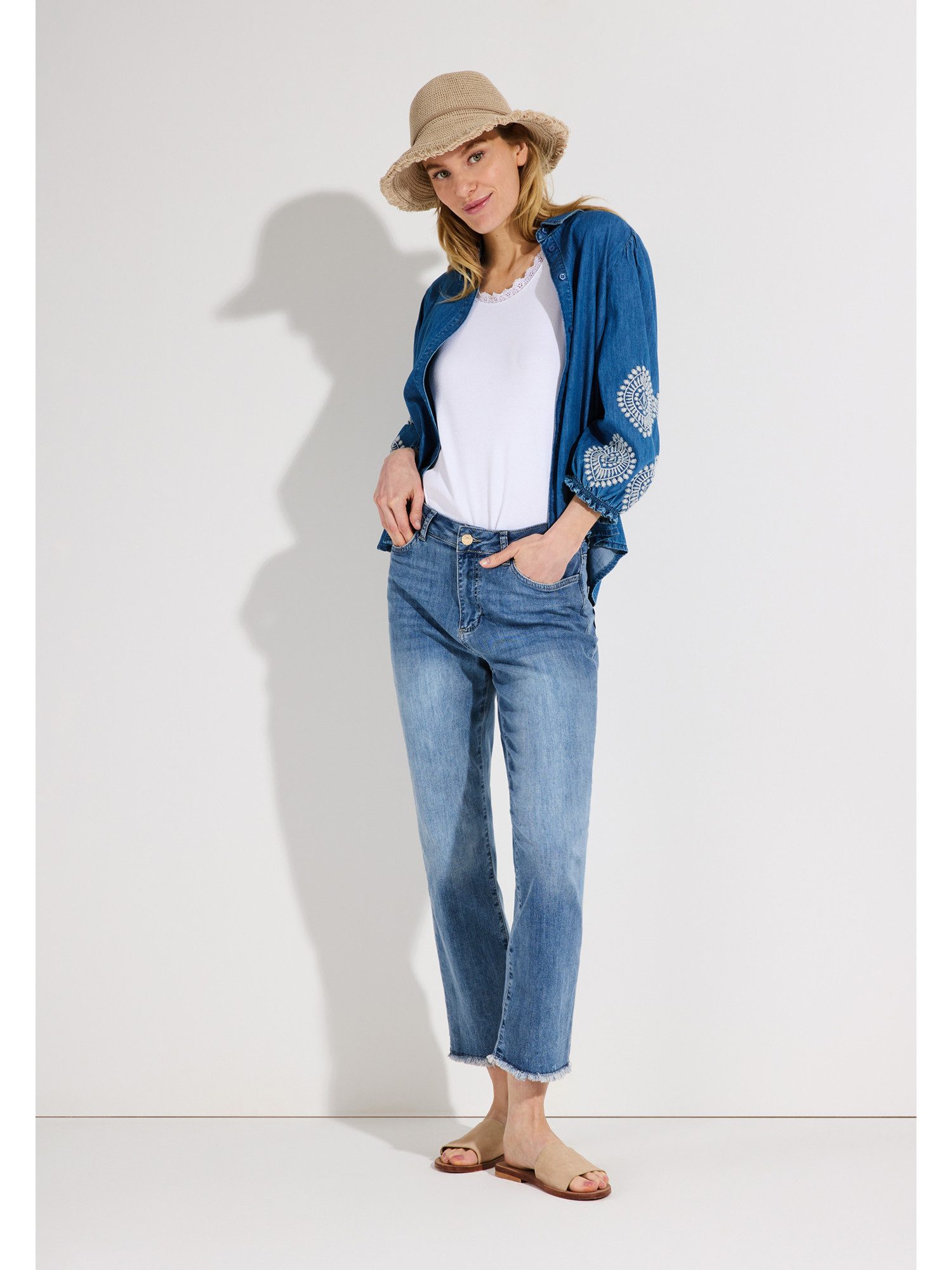 MORE&MORE Klassische Bluse leichte, lässige 3/4 Arm Jeansbluse, bestickt