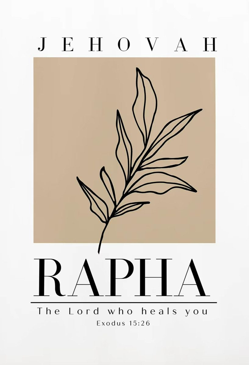 TPFLiving Kunstdruck (OHNE RAHMEN) Poster - Leinwand - Wandbild, Christlicher Jehova Jireh Rapha Shalom Shammah Nissi Raah Leinwand (Leinwandbild XXL), Farben: Schwarz, Weiß, Grau, Beige, Braun -Größe: 20x30cm