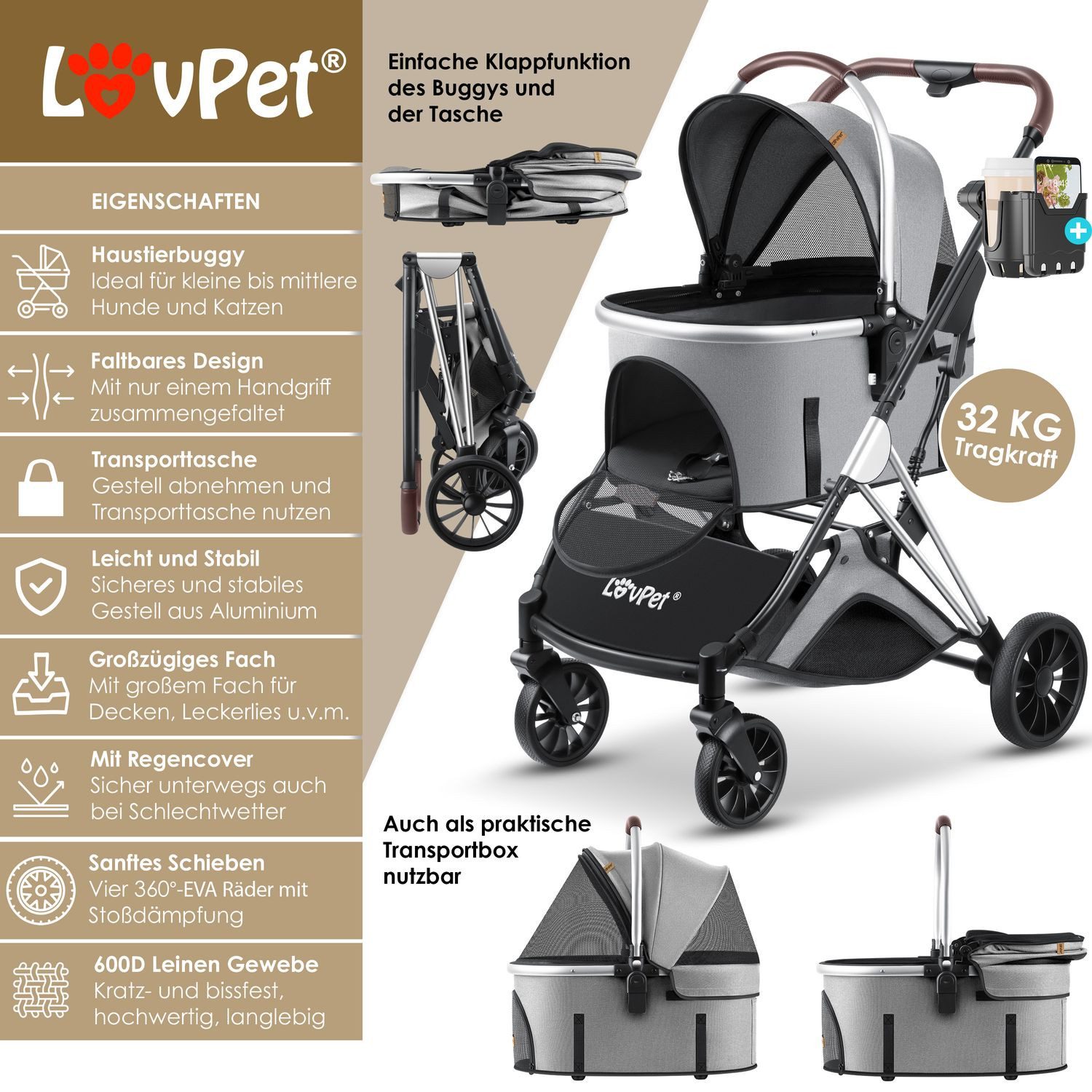 Lovpet Hundebuggy 3in1 Hundewagen max. bis 20kg Buggy für Haustiere, (Hunde günstig online kaufen