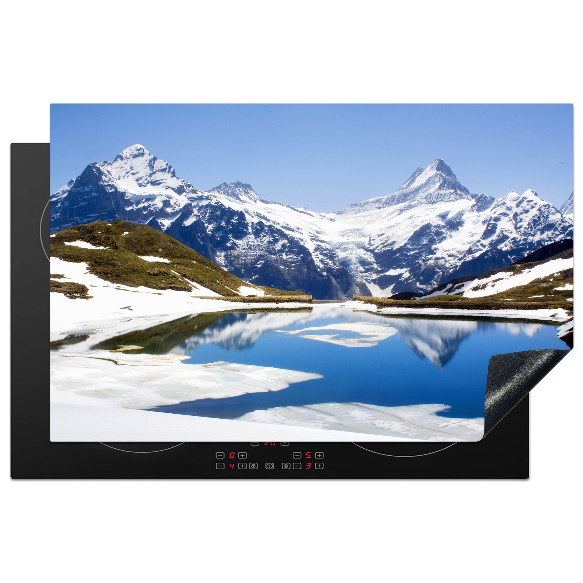 MuchoWow Herdblende-/Abdeckplatte Spiegelung der schneebedeckten Berge in der Schweiz in einem See, Vinyl, (1 tlg), 81x52 cm, Induktionskochfeld Schutz für die küche, Ceranfeldabdeckung