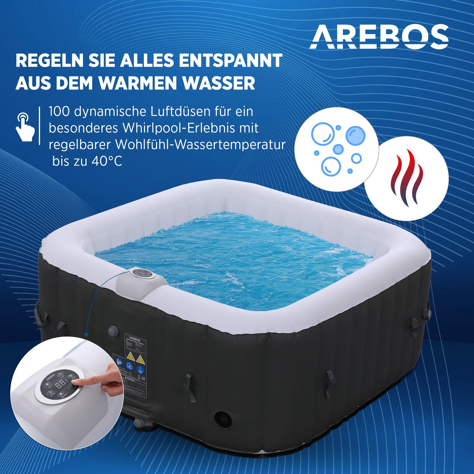 Arebos Whirlpool FLORENCE & BARECELONA Aufblasbar 4 oder 6 Personen mit 100/130 Düsen, (Komplett-Set), für Outdoor & Indoor
