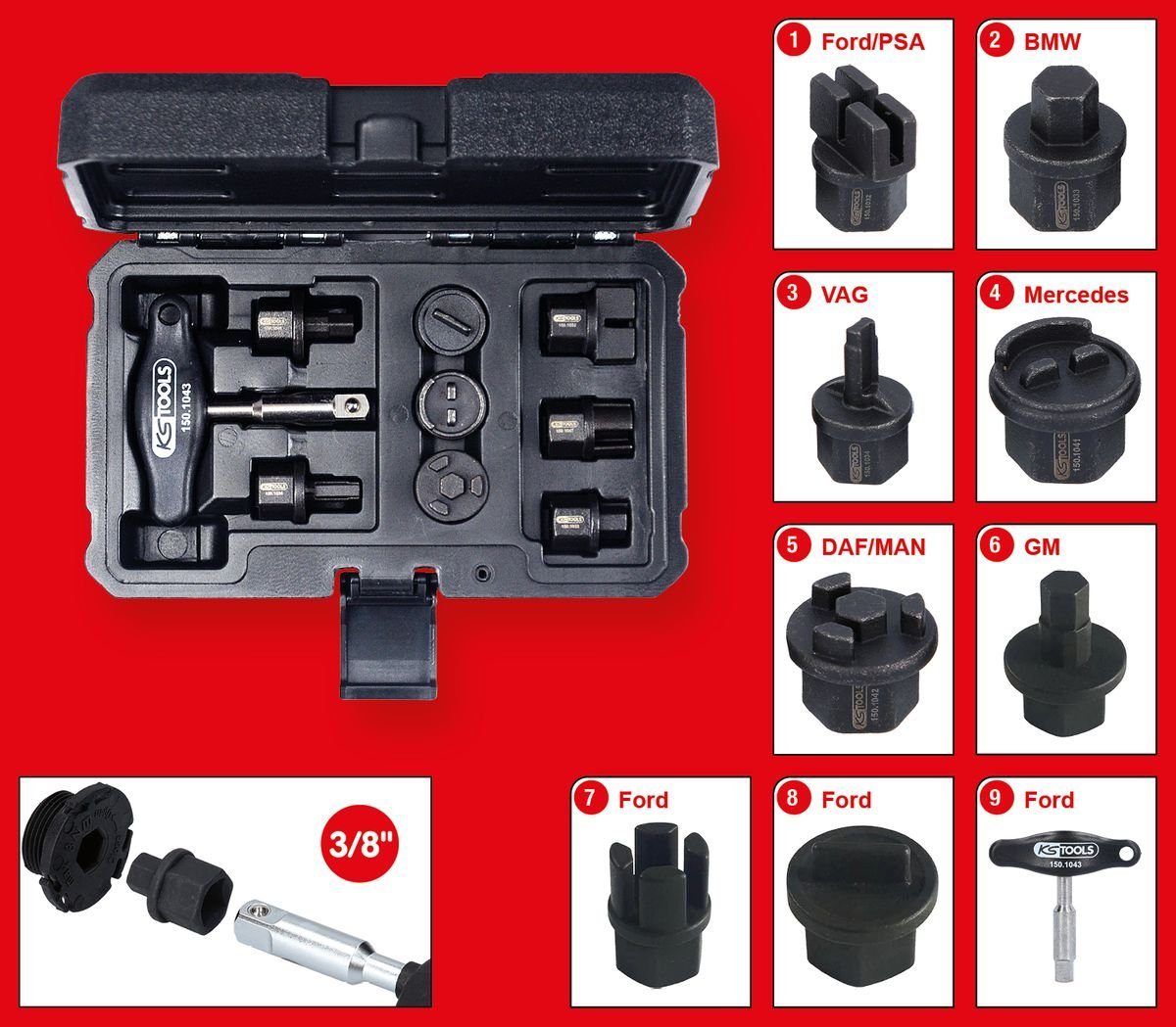 Gabel- und Ringschlüssel 3/8" Öldienst-Spezialprofil-Satz für Kunststoff-Ölablassschrauben, 9-