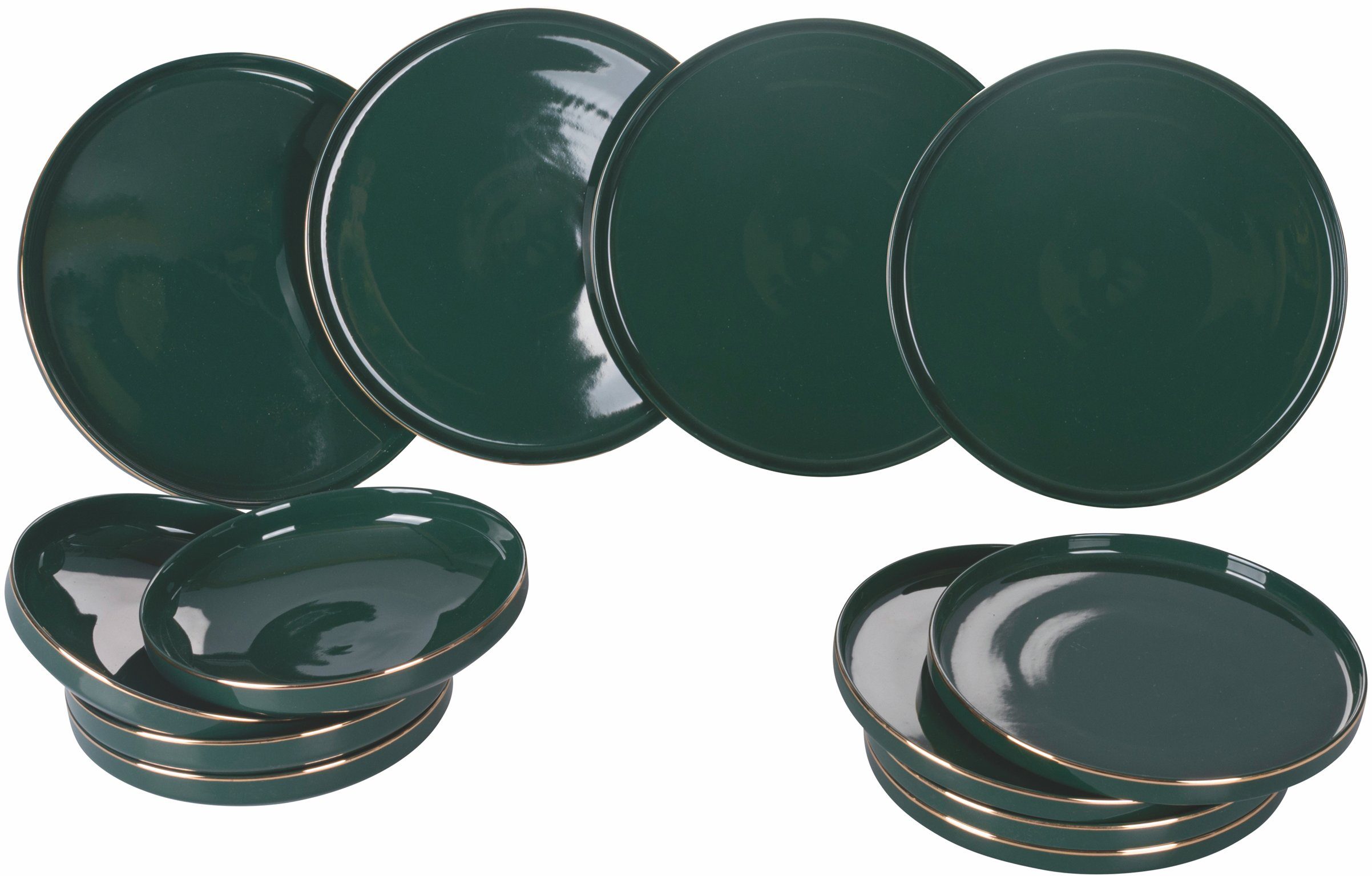 Villa d'Este Teller-Set Geschirr-Set Luxury Green (12-tlg), 4 Personen, Fine China-Porzellan, Service, Tafelservice, 12 Teile, für 4 Personen