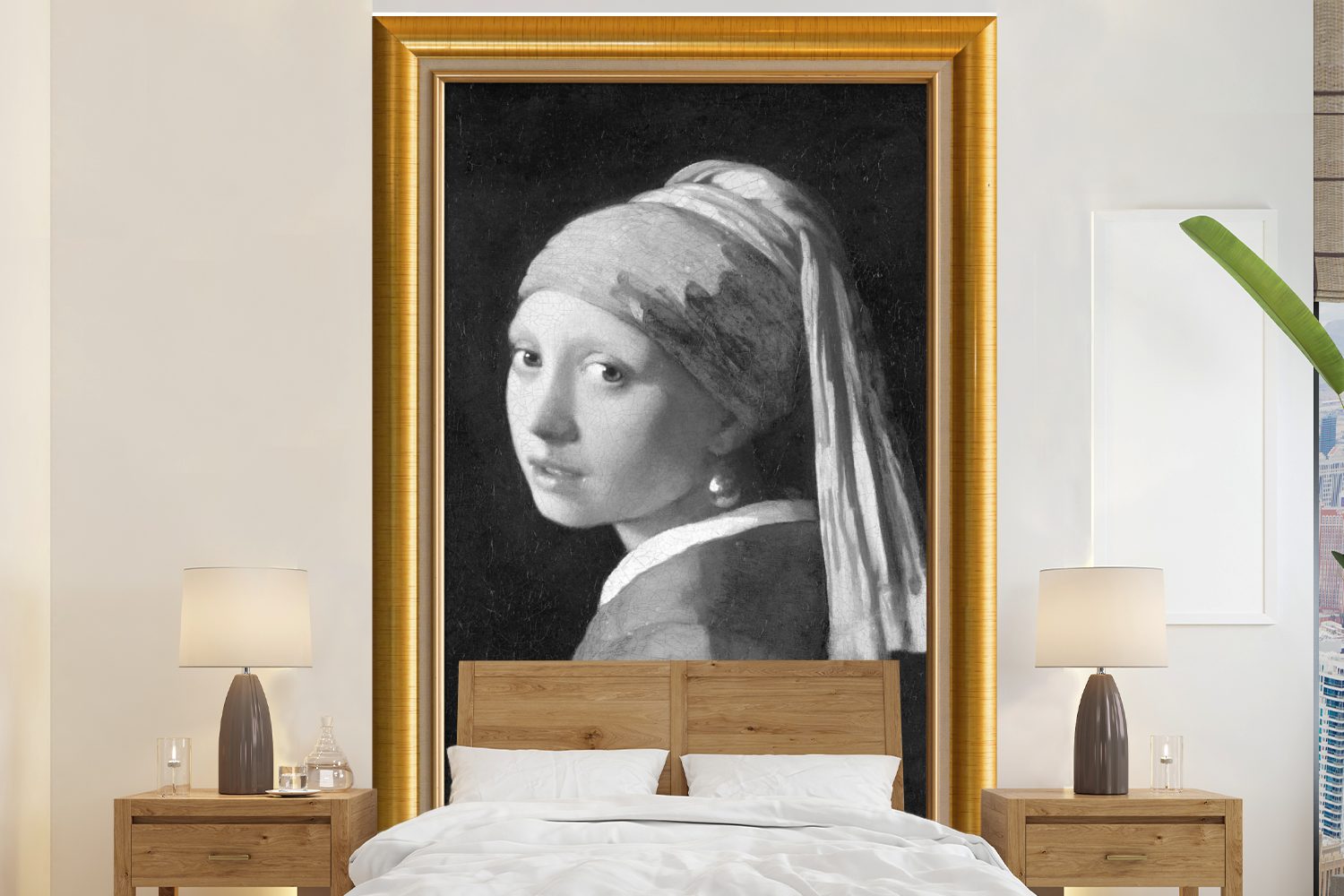 MuchoWow Fototapete Mädchen mit einem Perlenohrring - Vermeer - Liste - Gold, Matt, bedruckt, (3 St), Montagefertig Vinyl Tapete für Wohnzimmer, Wandtapete