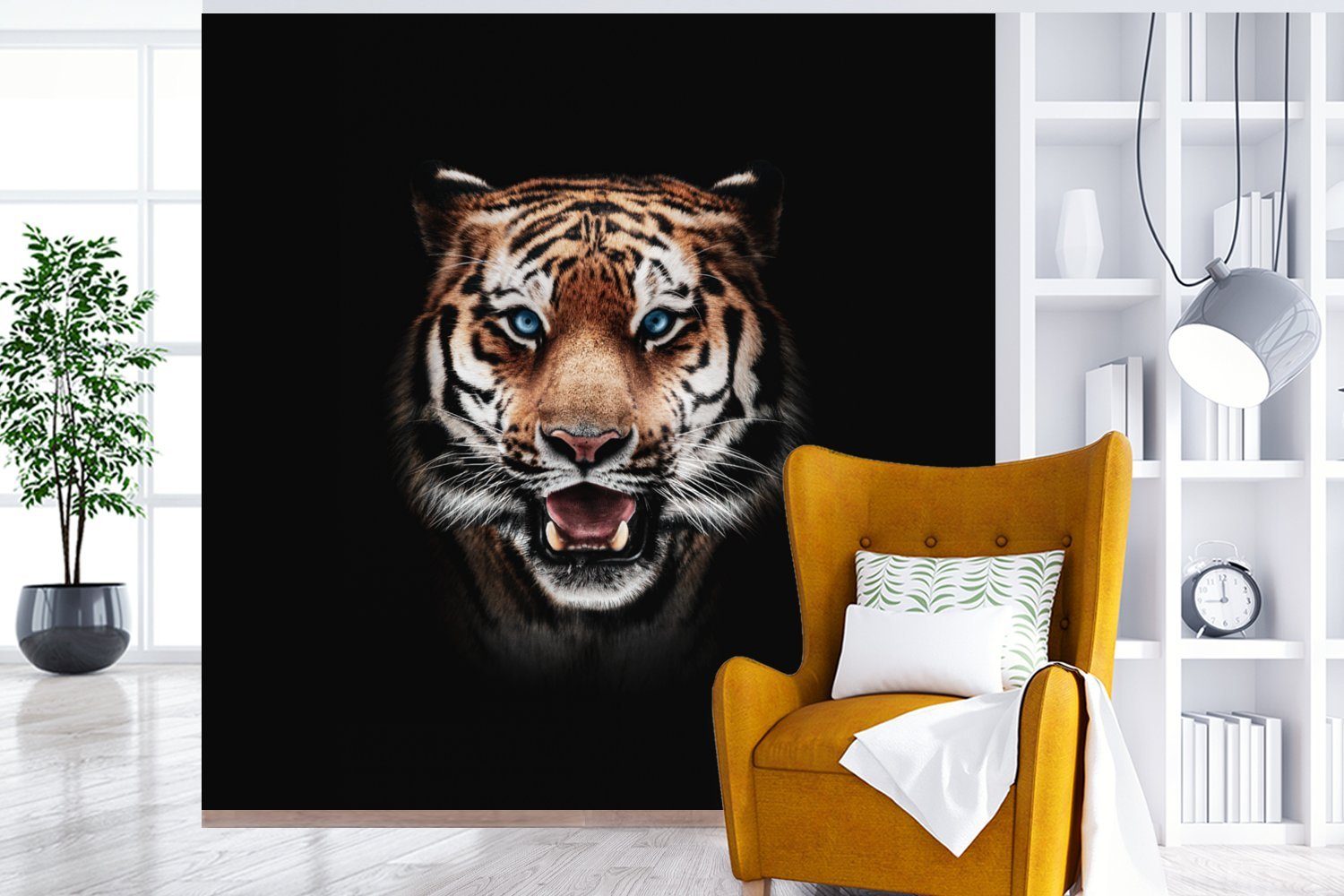 - - Fototapete Wohnzimmer MuchoWow Vinyl (5 Wandtapete Tiger für Tiere Schlafzimmer, Matt, Schwarz, Tapete bedruckt, St), oder