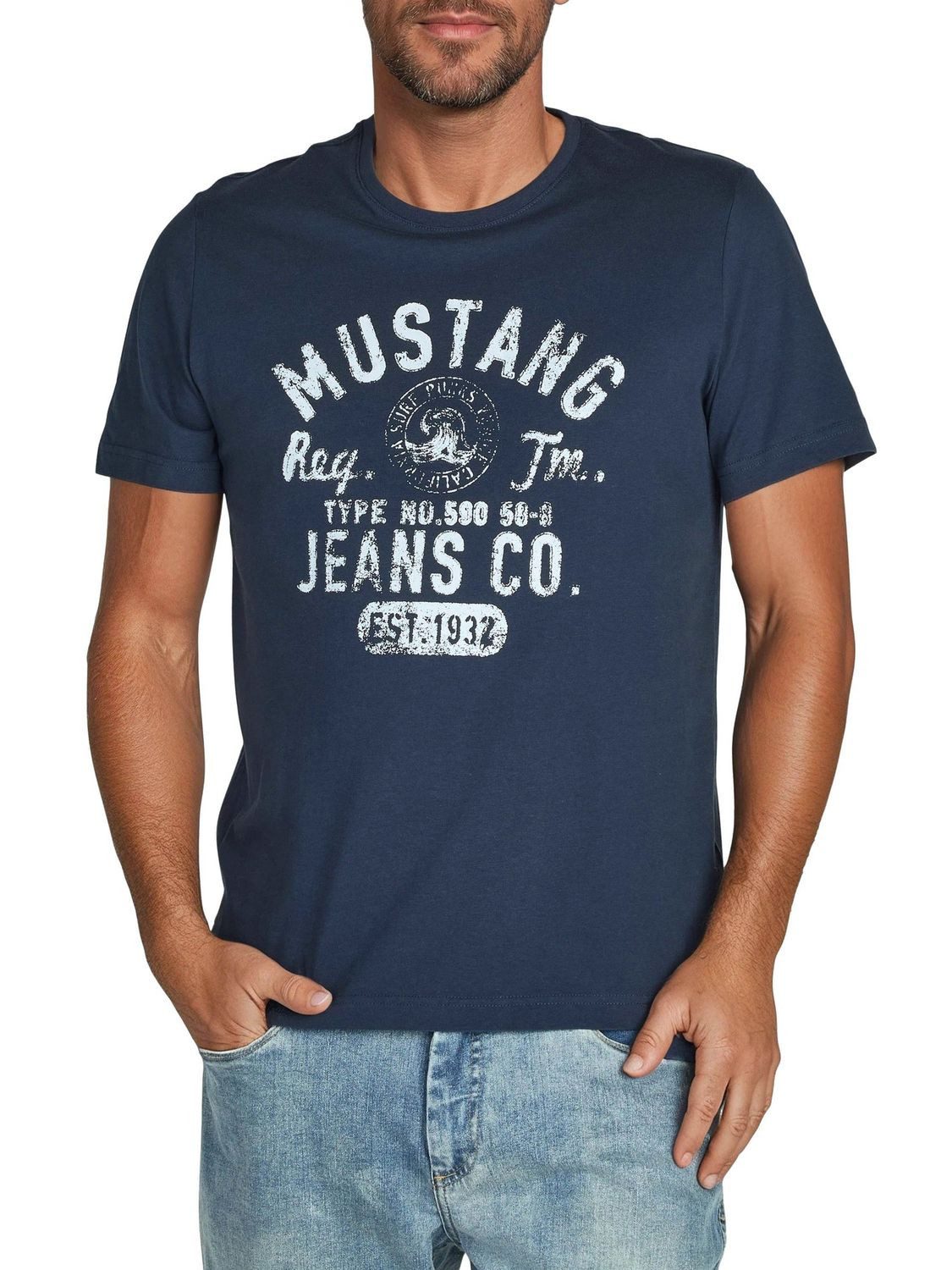 MUSTANG T-Shirt Herren Printshirt Regular Fit (1-tlg) Kurzarm Tee Shirt mit Rundhalsausschnitt aus 100% Baumwolle