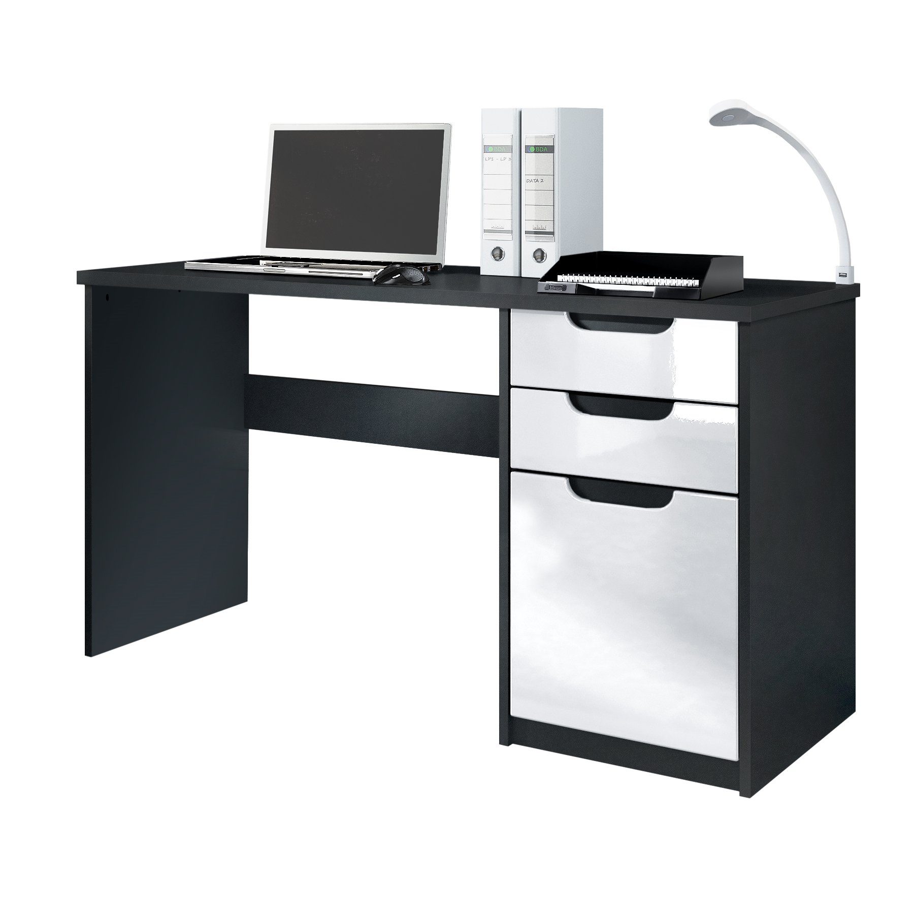 Vladon Schreibtisch Logan (Bürotisch, mit und (129 matt/Weiß x in cm) Hochglanz 76 Schubladen Schwarz Hochglanz x 1 2 Fronten 60 Tür), Weiß