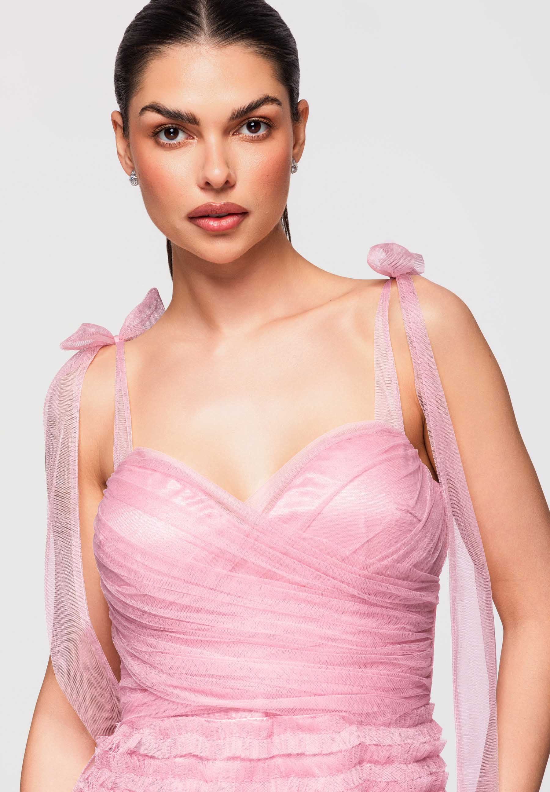 OMBRE Abendkleid Maxikleid Abendkleid Tüll mit Spitze Rose M (kein Set, 1-tlg) Mehrlagiger Rockteil mit Rüschen