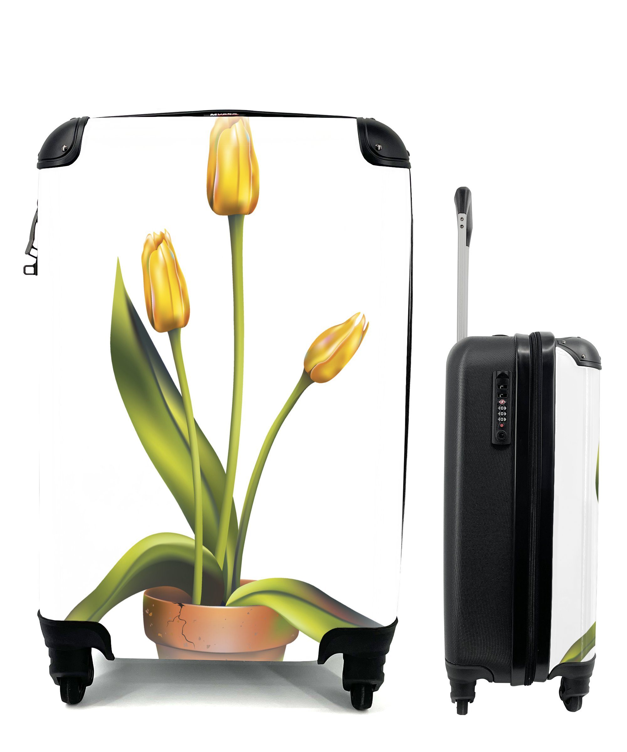 Handgepäck Ferien, von Handgepäckkoffer 4 MuchoWow drei mit Reisetasche Tulpen in für rollen, Reisekoffer Tontopf, Illustration Eine Trolley, gelben einem Rollen,