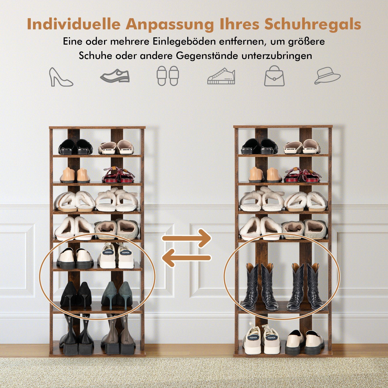 COSTWAY Schuhregal schmal 8 Ebene, mit verstellbaren Regalhöhen, 110cm