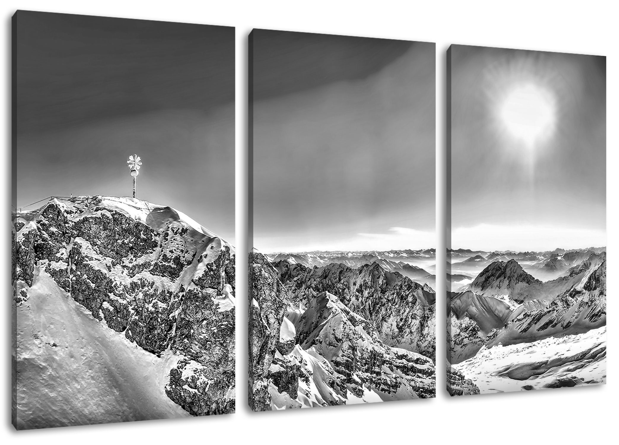 Zugspitze (1 fertig Sonnenlicht, Zackenaufhänger Leinwandbild Pixxprint inkl. (120x80cm) bespannt, Zugspitze St), Leinwandbild im Sonnenlicht 3Teiler im