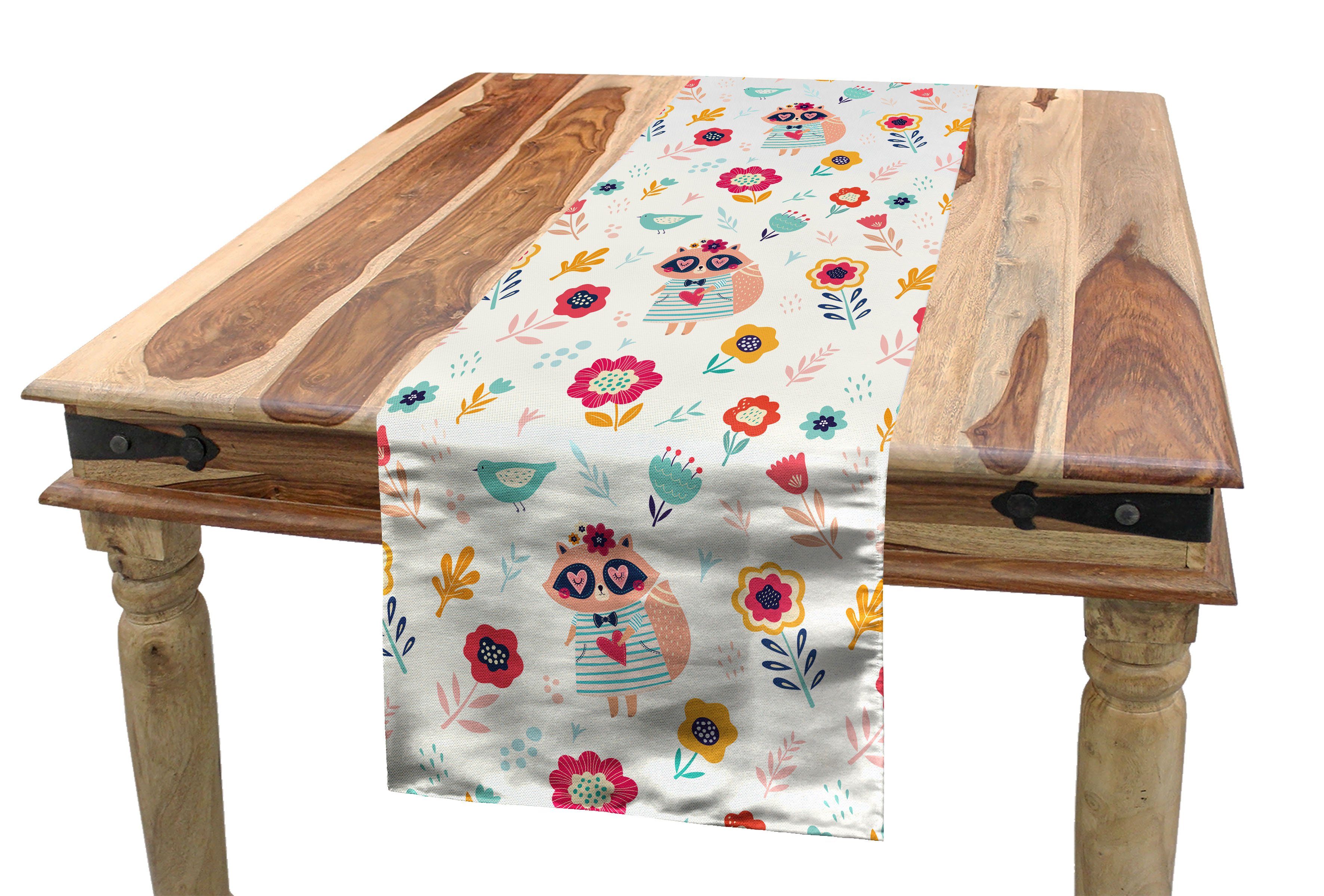 Abakuhaus Tischläufer Esszimmer Küche Rechteckiger Dekorativer Tischläufer, Tier Waschbär in Blüte