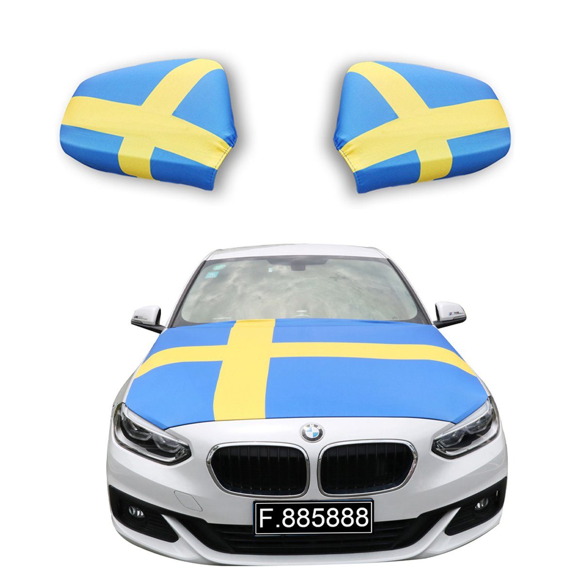 Sonia Originelli Fahne Fanset "Schweden" Sweden Fußball Motorhaube Außenspiegel Flagge, für alle gängigen PKW Modelle, Motorhauben Flagge: ca. 115 x 150cm