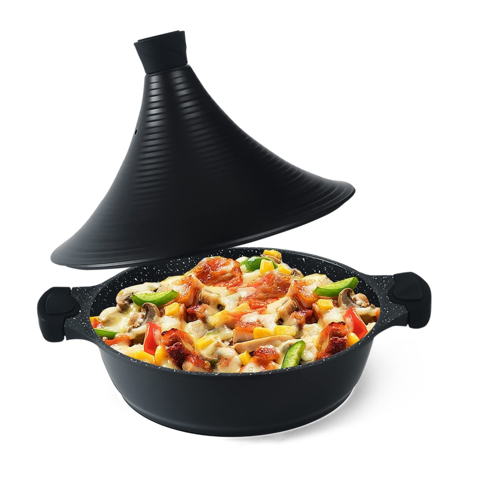 Scheffler Dampfgartopf Tajine Topf - Marokkanische Tagine Antihaftbeschichtung, Aluminium (Topf mit kegelförmigem Deckel), Induktion, induktionsgeeignet Schwarz