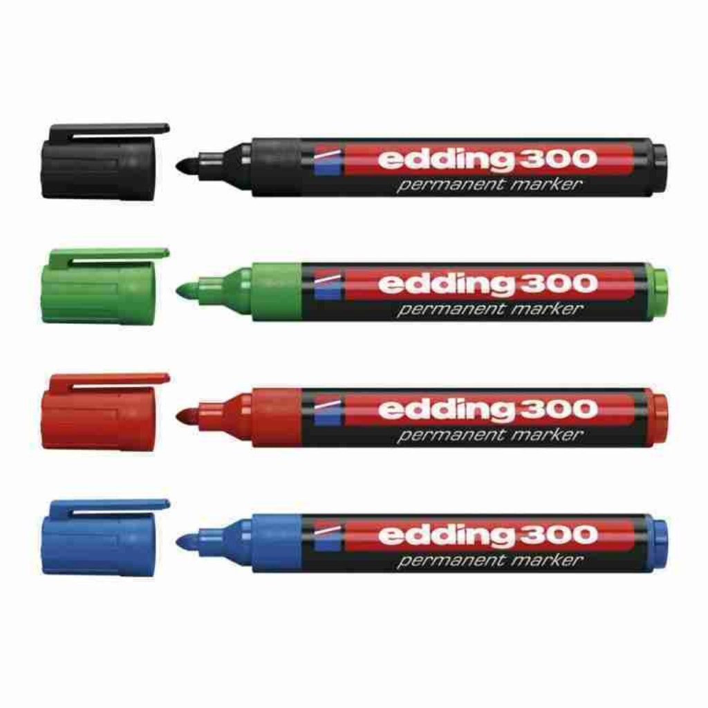 edding Permanentmarker 4 edding 300 Permanentmarker farbsortiert, (Set, 1-tlg., 4 edding 300 Permanentmarker), Beschriften auf Papier, Karton, Metall, Kunststoff, Glas