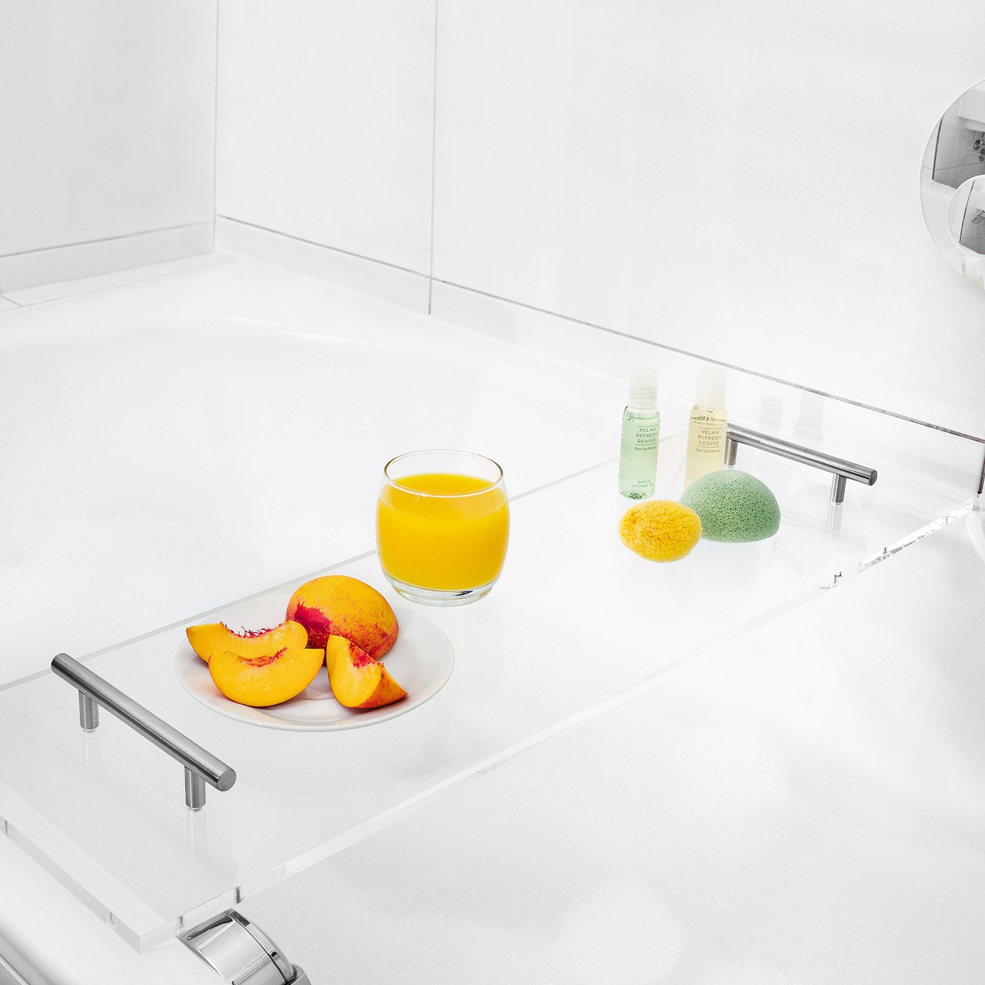 Badewannenablage Badewannenablage aus Acryl-Glas - mit Buch- und Weinglas-Halterung