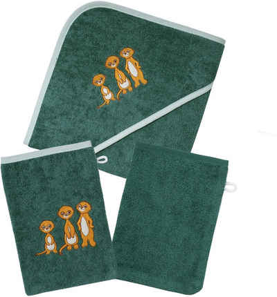 Wörner Handtuch Set Erdmännchen pinie Kapuzenbadetuch mit 2 Waschhandschuhen, Frottier (Spar-Set, 3-St), mit süßer Stickerei Erdmännchen