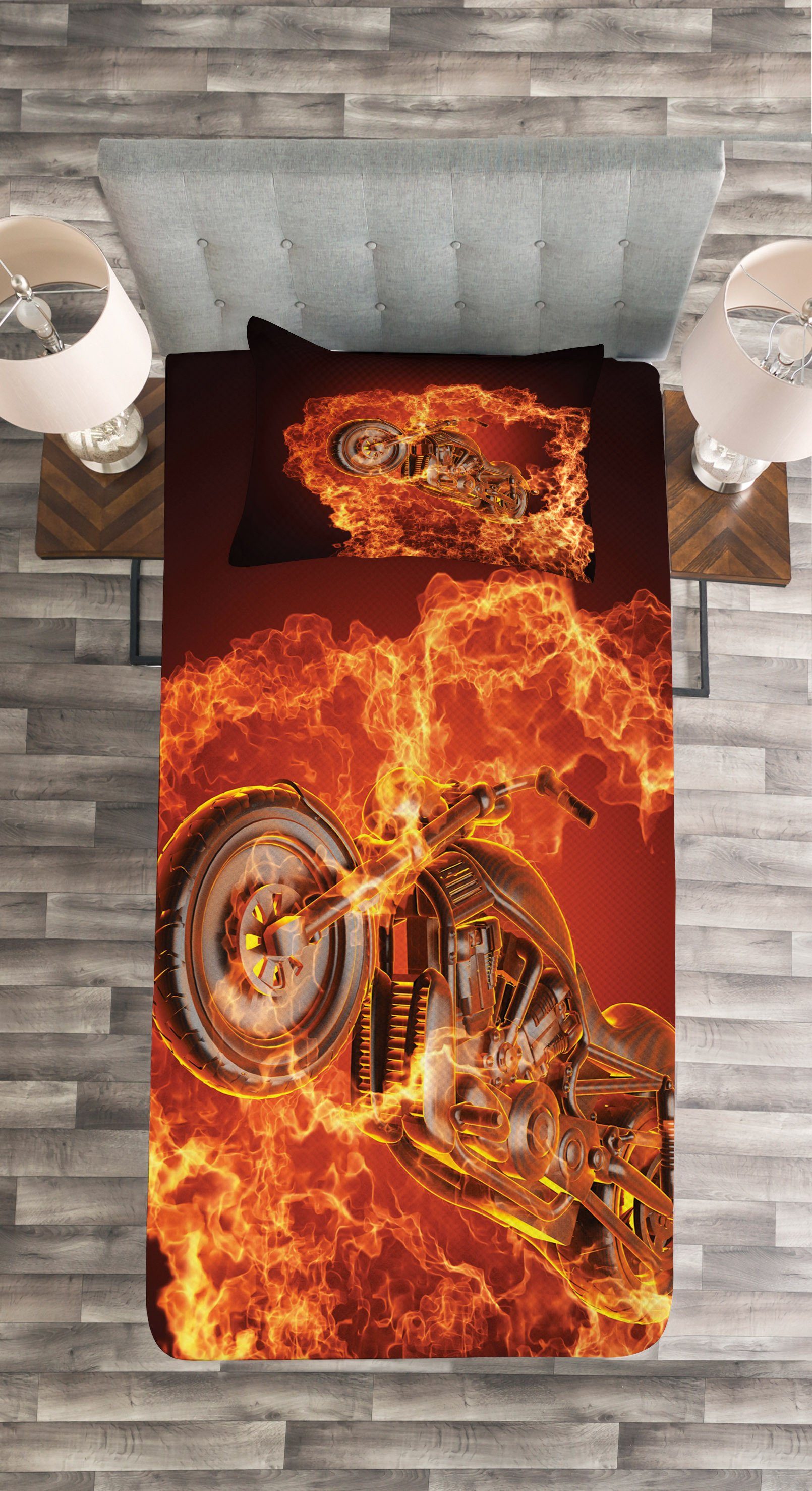 in orange schwarz Motorrad Kissenbezügen Set Tagesdecke Waschbar, Feuer Abakuhaus, mit