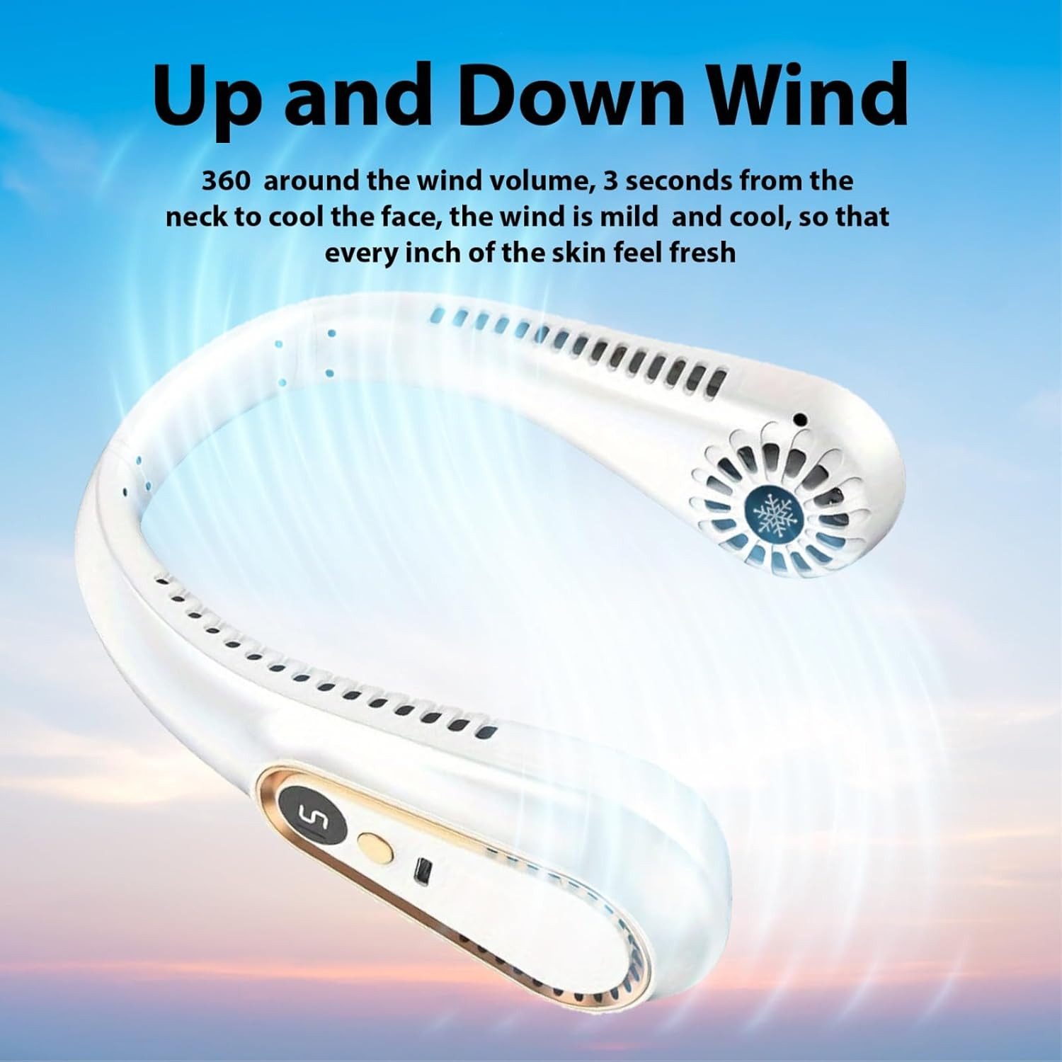 MOPUEA Mini USB-Ventilator Tragbarer Nackenventilator USB Wiederaufladbar 5 Stufen, Bladeless Design leise 4000mAh Akku freihändige Nutzung