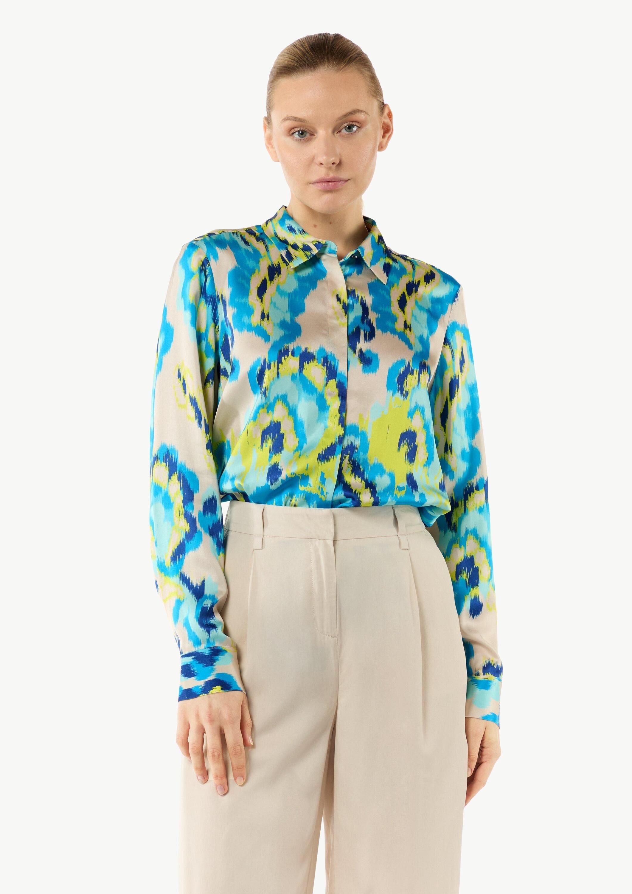 comma Langarmbluse Bluse Satinbluse mit Hemdkragen und All-over-Print