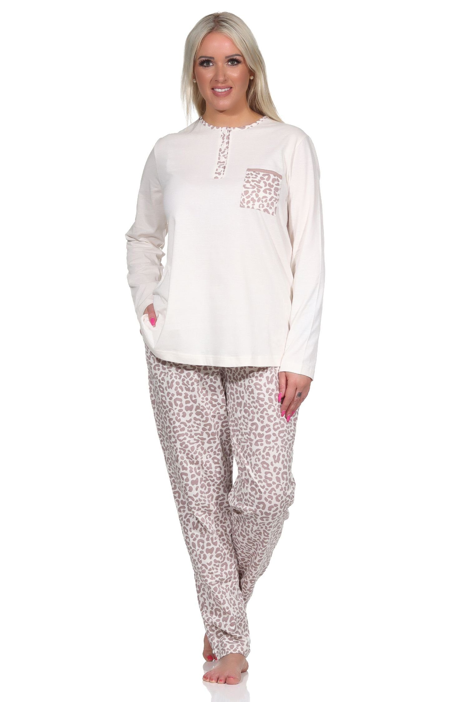 Normann Pyjama Damen Pyjama langarm Schlafanzug in Leo-Print Optik - 122 444 creme