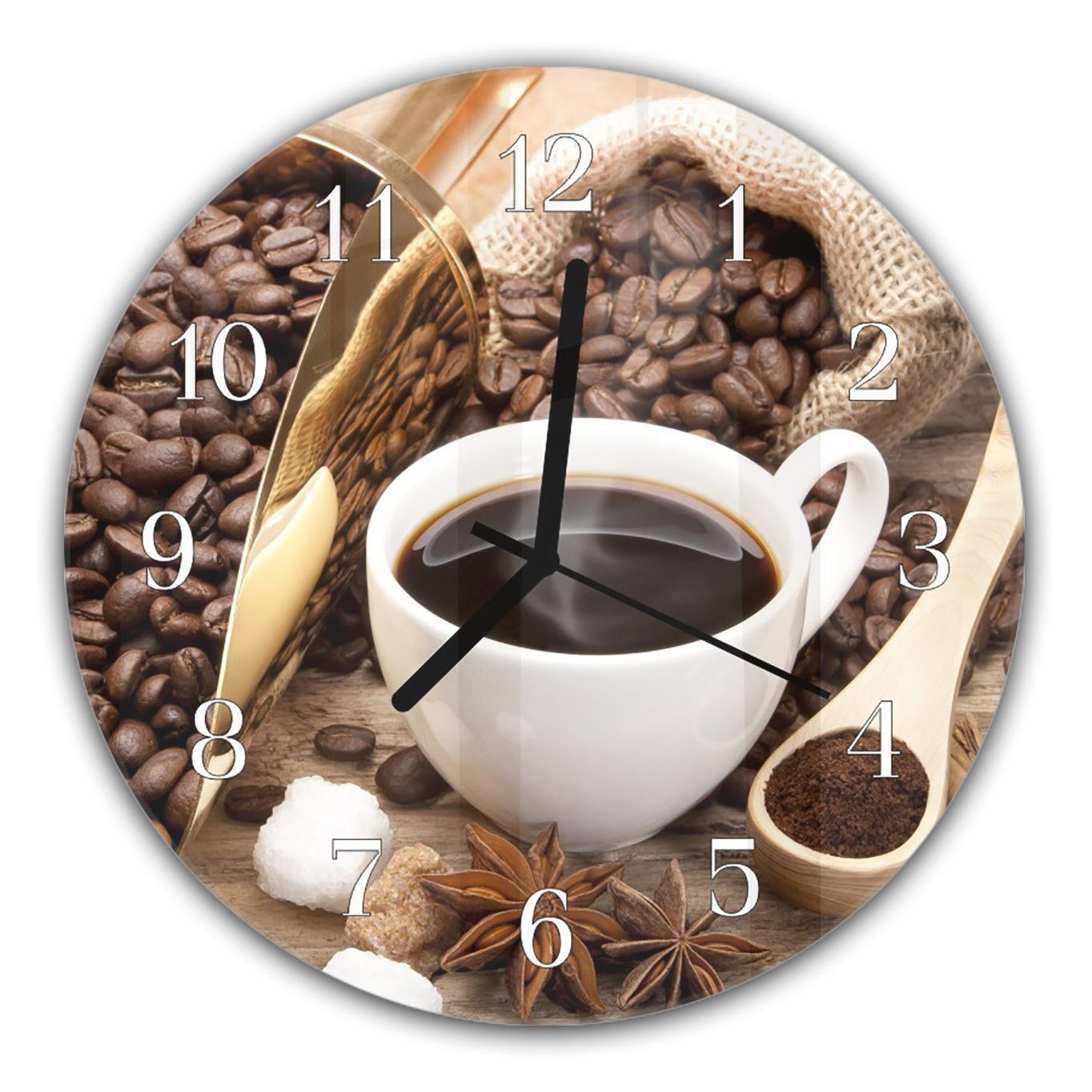 Primedeco Wanduhr Wanduhr aus Glas mit Motiv Heisser Kaffee auf Kaffeebohnen - Rund mit Durchmesser 30 cm und Quarzuhrwerk