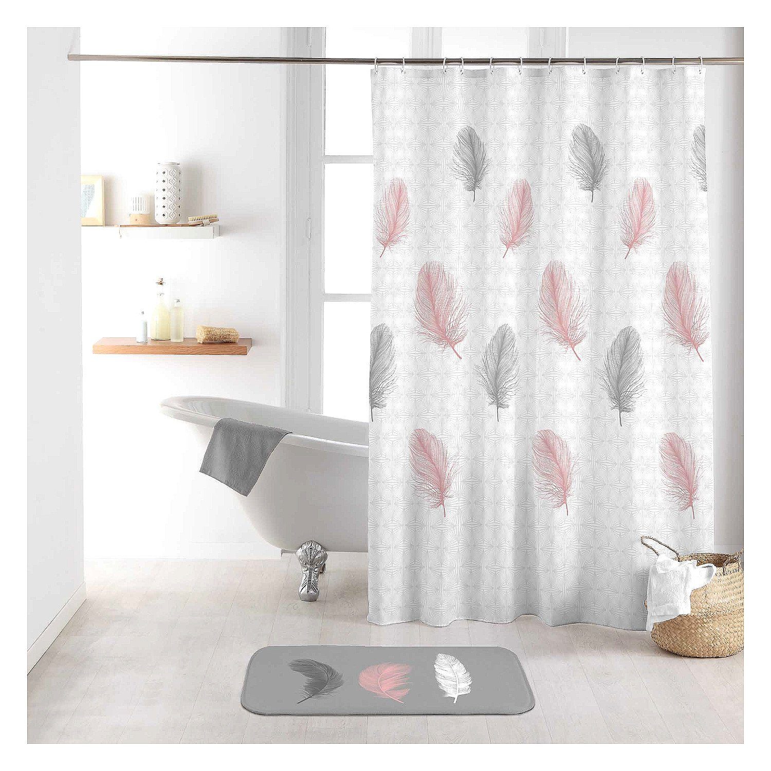 Sanixa Duschvorhang Duschvorhang Textil 180x200 cm Federn weiß rosa grau wasserabweisend Breite 180 cm, waschbar Badewannenvorhang Vorhang mit Ringen Metallösen