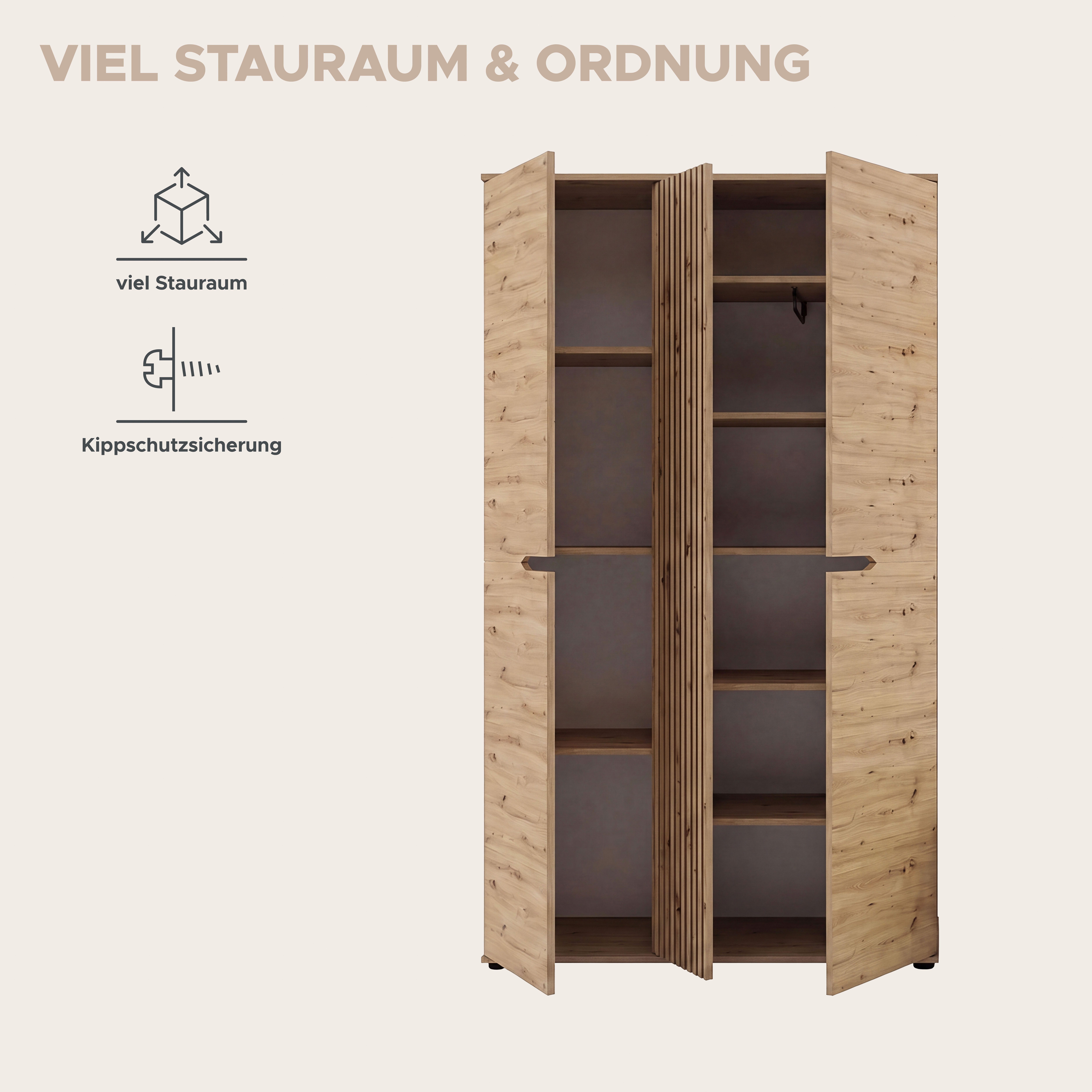 OTTO home Garderobenschrank FJELL, Breite 104cm, 3 Türen, 8 Böden, 10 Fächer, 1 Kleiderstange (hochwertig verarbeitete Längsfräsung, praktische Griffaussparung) – Bild 4 von 5
