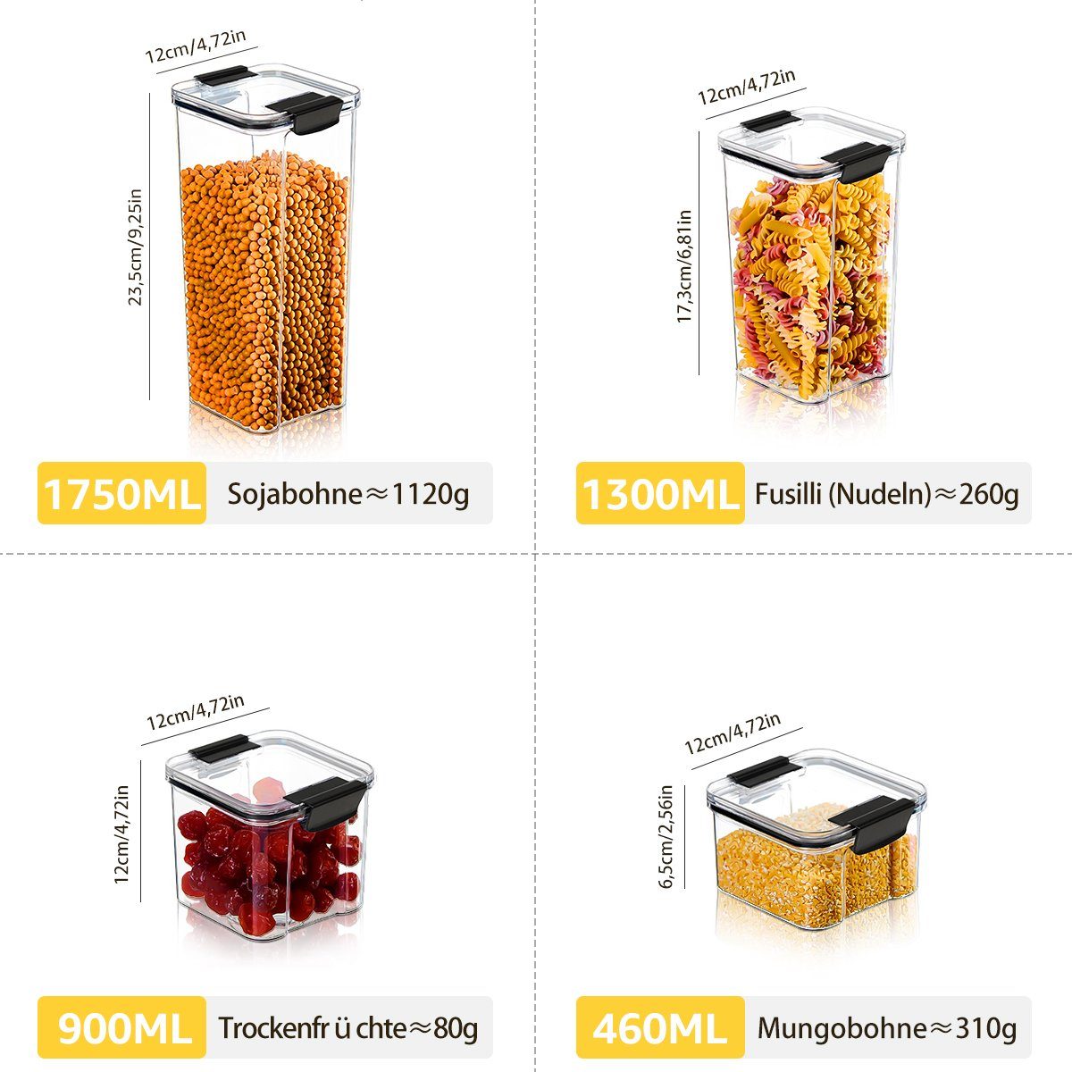 MULISOFT Vorratsdose Getreide, trockenes (460ml Getreide Luftdichtes x4 + x2 Zucker, Mehl, 1300ml Lebensmittelbehälter Set), + 900ml 9-tlg., x2, für Frischhaltedose, 1800ml 