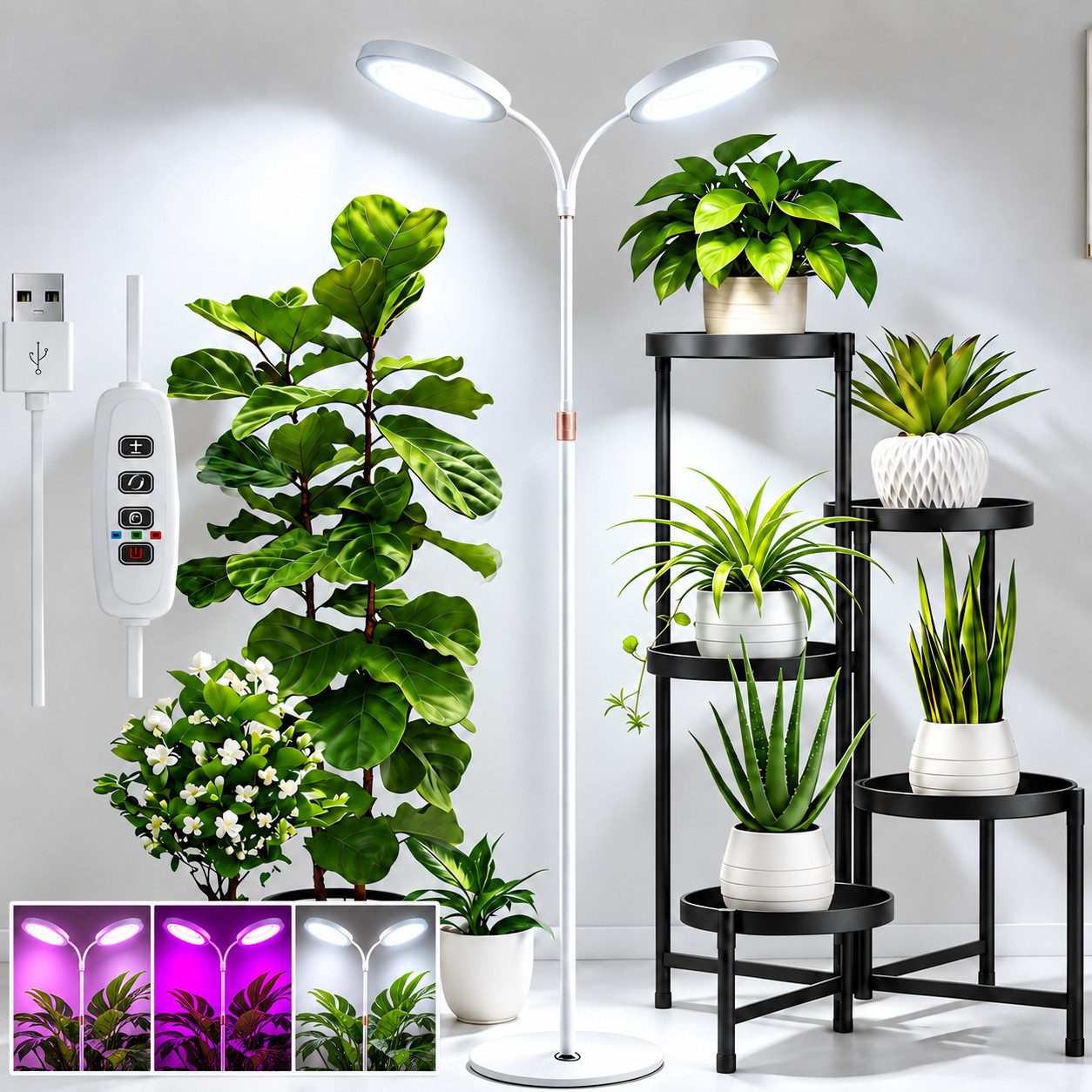 Fyrove Pflanzenlampe LED Vollspektrum 170 cm 10 Helligkeiten und Timer Höhenverstellbar, Doppelter Zweck, 3 Licht-Modi, LED fest integriert, 3/9/12-Stunden-Timer, weißes Licht, warmweißes Licht, rotes Licht, blaues Licht, Grow Lampe mit Sockel und Erdspieß