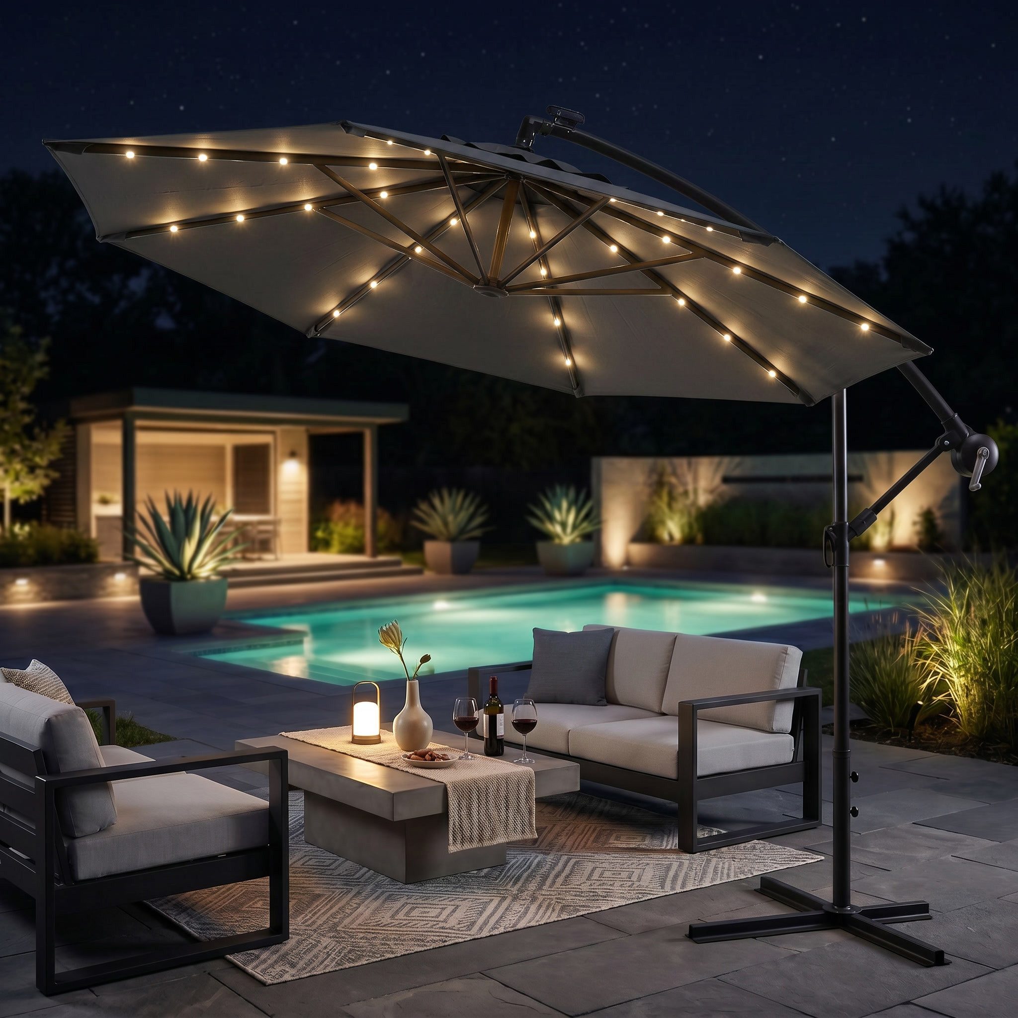 Swing&Harmonie Sonnenschirm mit LED Beleuchtung Luxus Ampelschirm 300 / 350cm, Garten Schirm inkl. Abdeckhaube – Bild 2 von 5