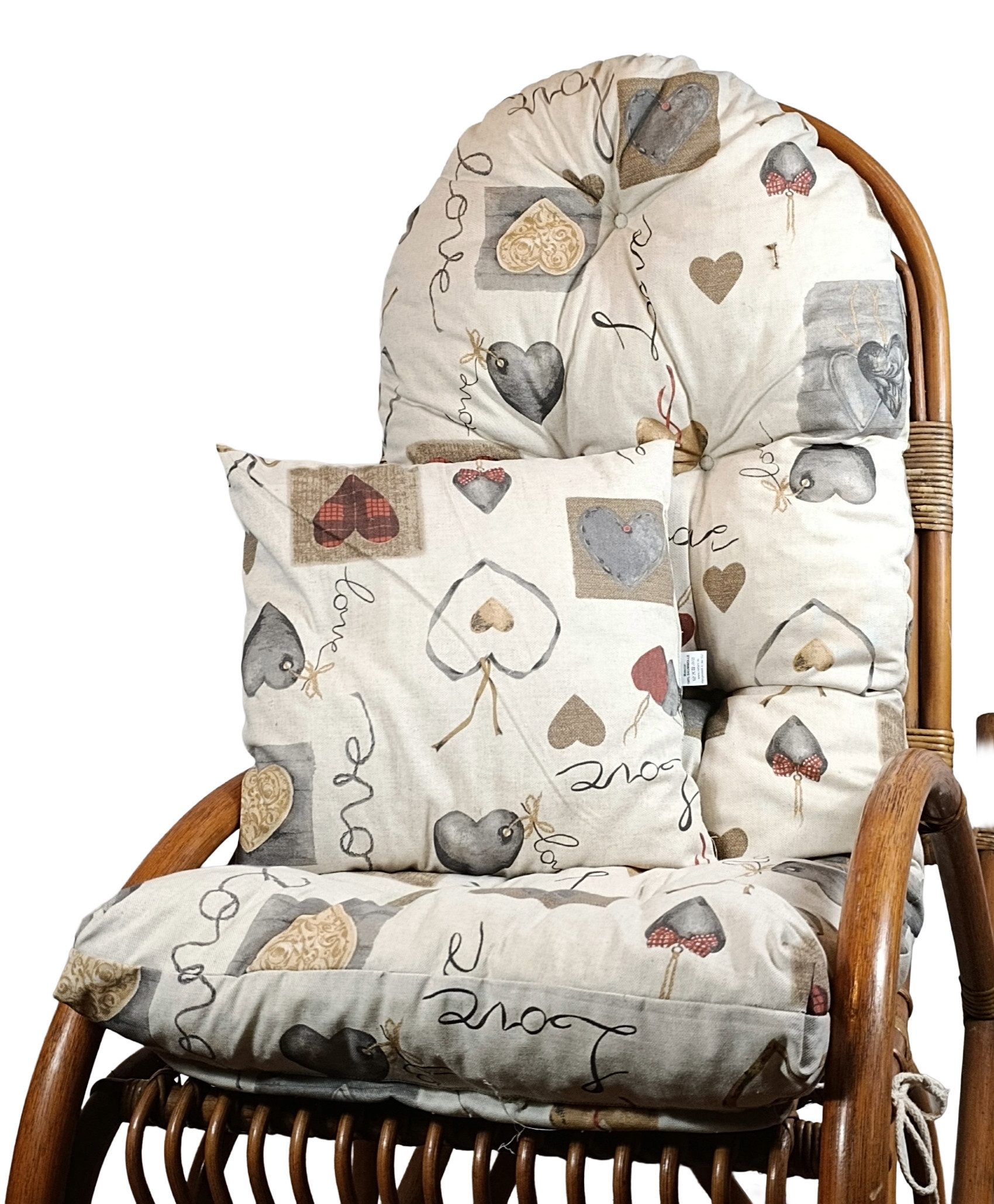 Rattani Polsterauflage Polster für Schaukelstuhl Liegestuhl 130x50x10 cm + Zierkissen 40x40, (Set Schaukelstuhlkissen + Zierkissen), Stoff Mirha Leinen Motiv Love . Viele weitere Farben lieferbar .