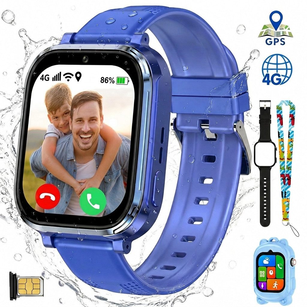 Vashoy Kinderuhr T59/T53 Smartwatch Kinder mit GPS,Kindgerecht sicher Smartwatch (5 cm/1.83 Zoll, RTOS/4G (LTE) 4G Telefonfunktionen Smartwatch, 6-tlg., GPS-Ortung, SOS-Notruf, IP67, geschlossenes System ohne App-Store, Schulmodus,Geschenke für Kinder im
