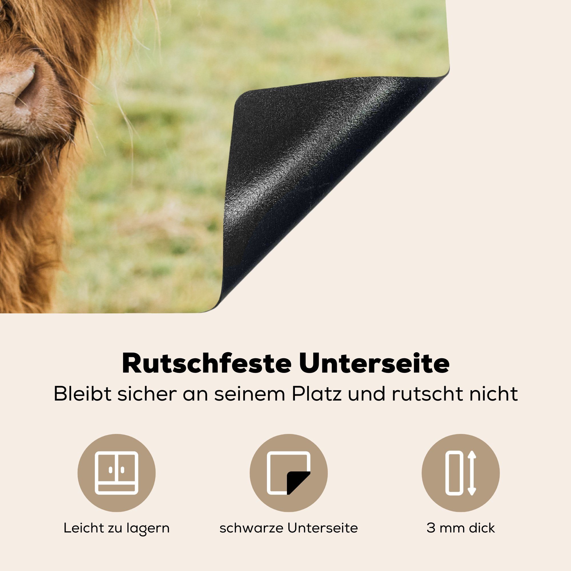 Schottischer tlg), Gras, für cm, MuchoWow Ceranfeldabdeckung Induktionskochfeld Vinyl, 81x52 küche, - die (1 - Schutz Horn Highlander Herdblende-/Abdeckplatte